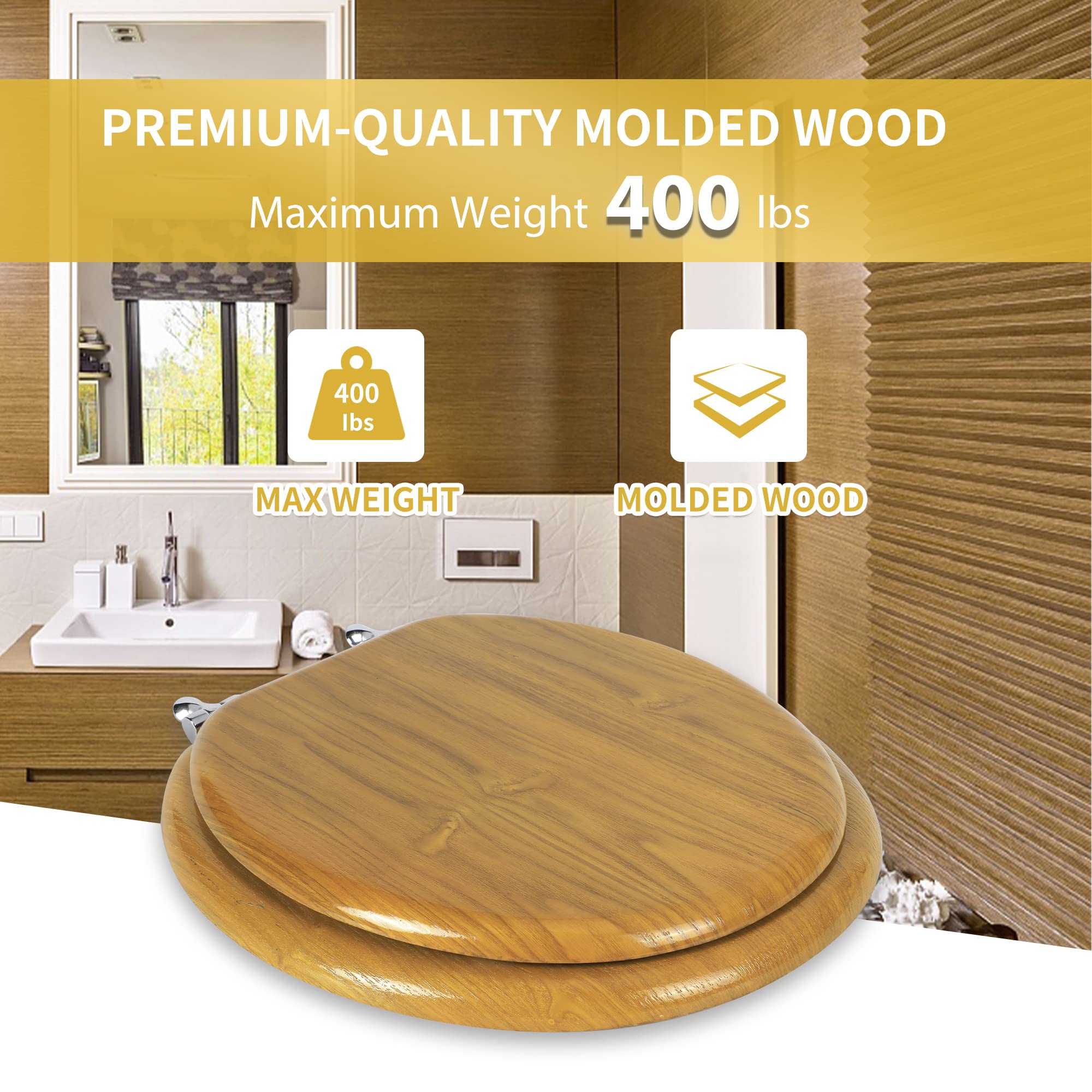 Durable Wood Veneer Toilet Seat with Metal Hinges - Easy to Clean, Scratch-Resistant, American Standard Size (Round, Oak Finish) | Perfect for Bathroom Upgrades & Home Renovations