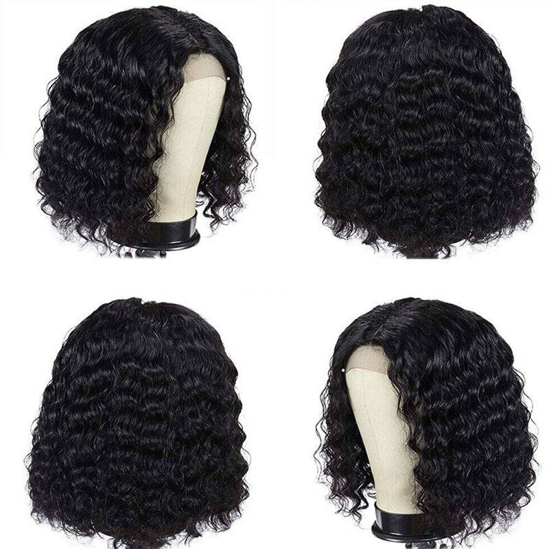 Eullair 13x4 Full Frontal Short Straight Bob Wig with Curly Lace - 100% Human Hair Wigs for Women & Girls - Perfect for Daily Wear, Cosplay & Fashion Styling