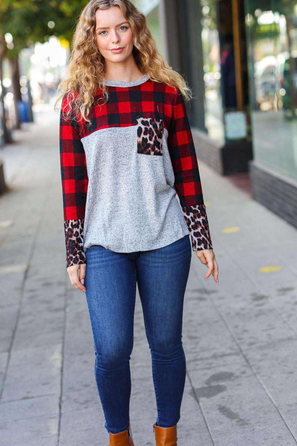 Stylish Grey & Red Plaid Animal Print Women's Top with Pockets - Perfect for Casual Outings, Date Nights, and Office Wear