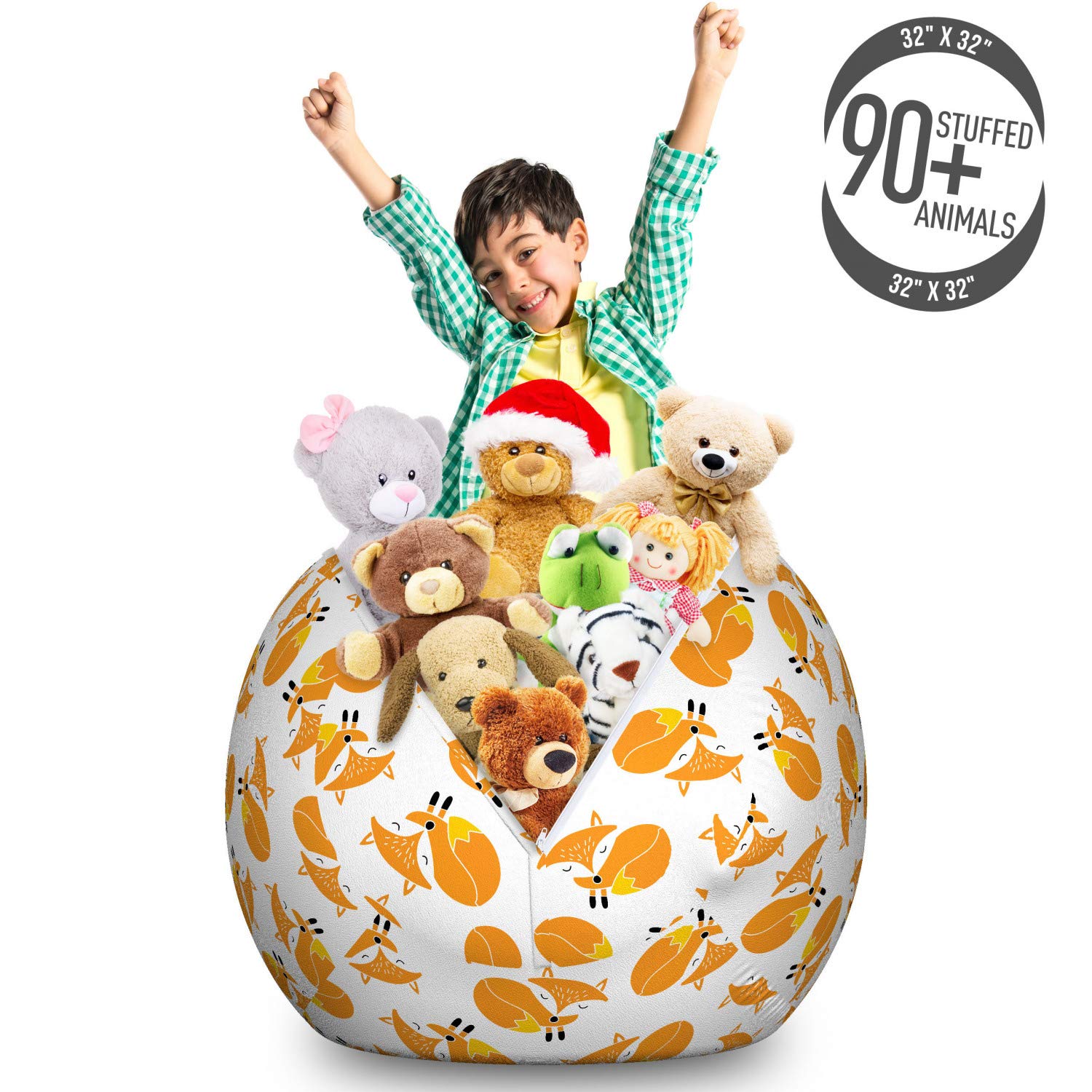 Ambesonne Cartoon Toy Storage Bag Chair with Sleeping Fox Cub Doodle Design - Large Washable Stuffed Animal Organizer in Marigold Yellow | Perfect for Kids' Room, Nursery, Playroom & Toy Organization