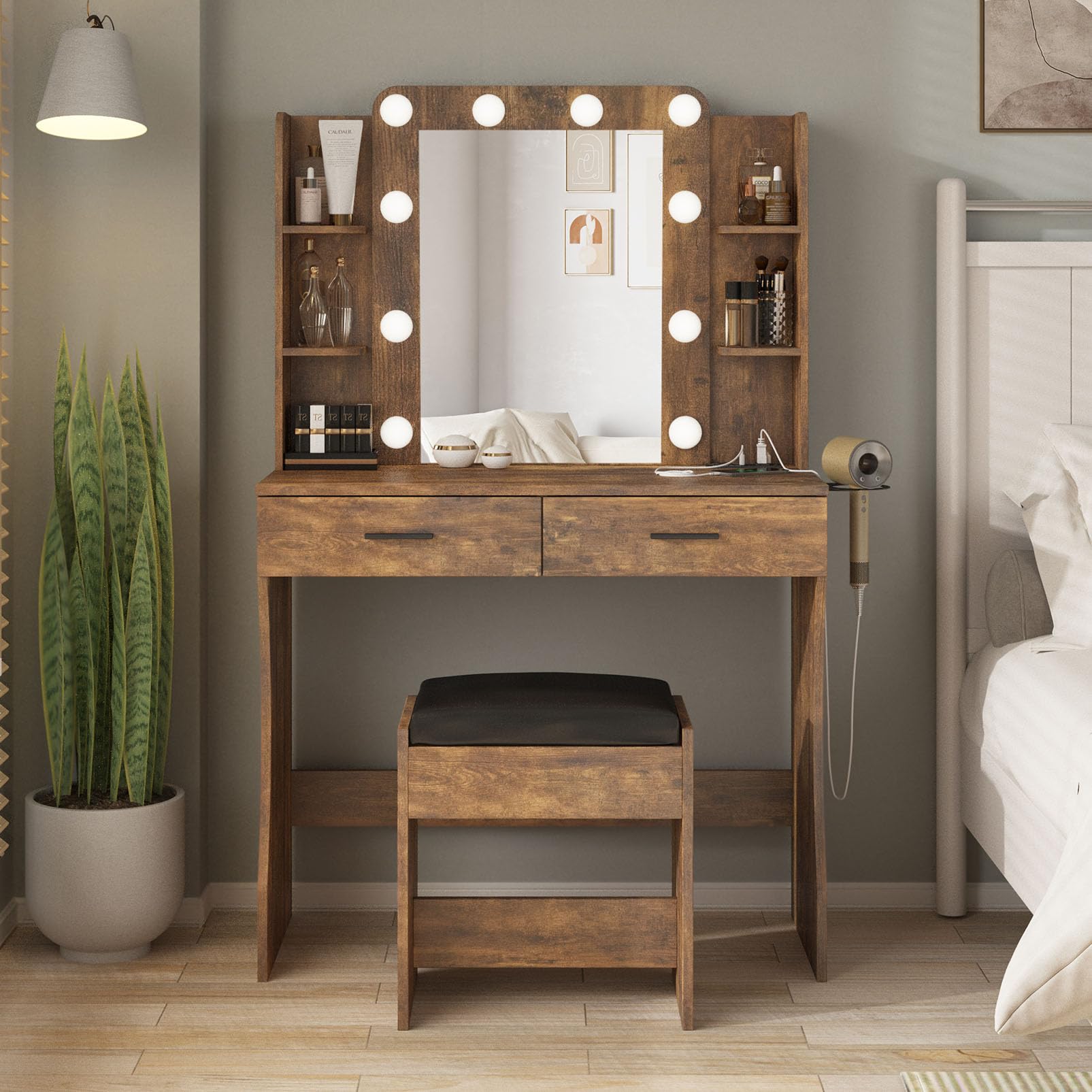Vanity Desk with LED Lights & Power Strip, Makeup Dressing Table Set with 2 Large Drawers & Adjustable 3-Color Mirror, Rustic Brown - Perfect for Bedroom, Home Salon & Beauty Room Organization
