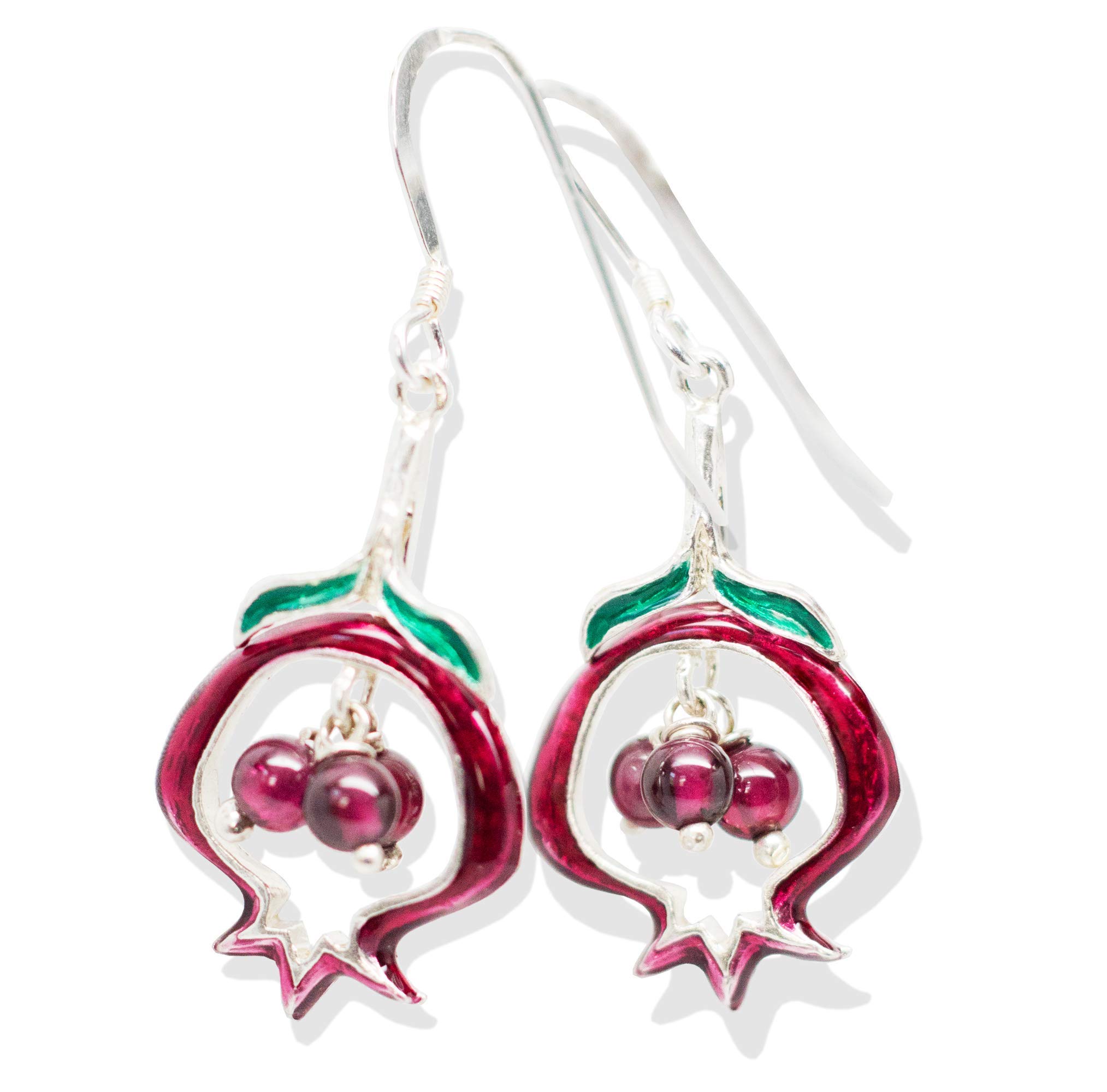 925 Sterling Silver Pomegranate Drop Earrings with Garnet Beads - Elegant Dangling Judaica Jewelry for Women, Perfect for Bat Mitzvah, Hanukkah & Special Occasions