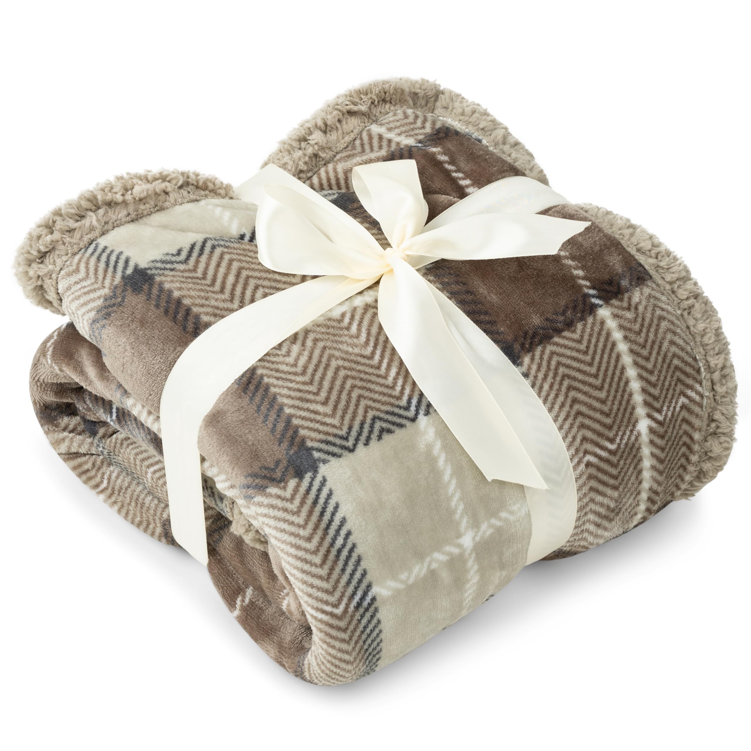 PAVILIA Taupe Plaid Sherpa Throw Blanket - 60x80 Inches Soft Fuzzy Fleece Blanket for Couch, Bed & Winter - Cozy Cabin Decor & Warm Gift for Women, Men, Twins - Perfect for Living Room, Sofa, Dorm & Fireplace Snuggling