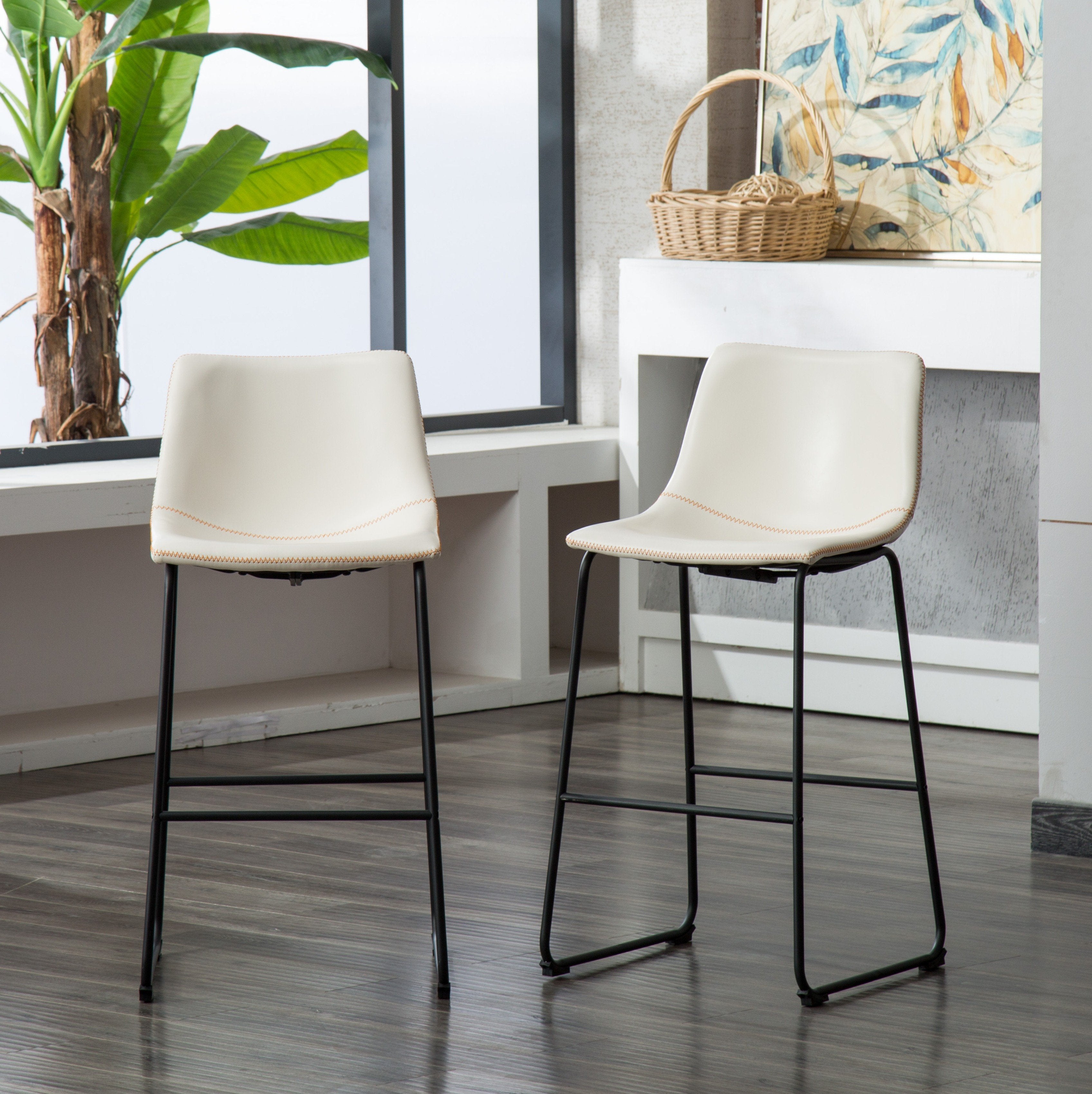 Vintage PU Leather Bar Stools Set of 2 - Roundhill Furniture Lotusville White Counter Height Stools for Kitchen Island, Breakfast Bar & Home Decor