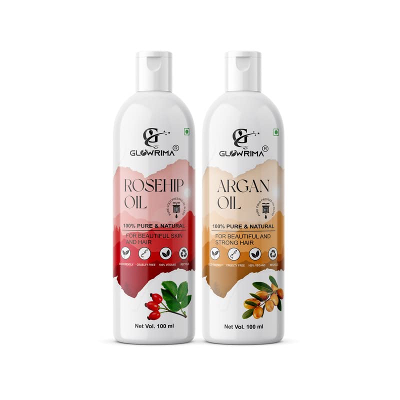 Glowrima 100% Pure Rosehip Oil & Argan Oil Combo Set (100ML Each) - Natural Hair Growth Treatment for Anti Hair Fall, Split Ends Repair & Shiny Soft Hair - Perfect for Daily Hair Care & Scalp Massage (Pack of 2)