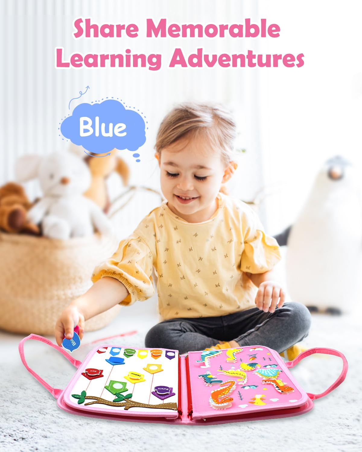 Montessori Busy Board Toy for Toddlers 1-4 - Travel Sensory Activity for Boys & Girls (Pink Dino) - Perfect for Car & Airplane Learning