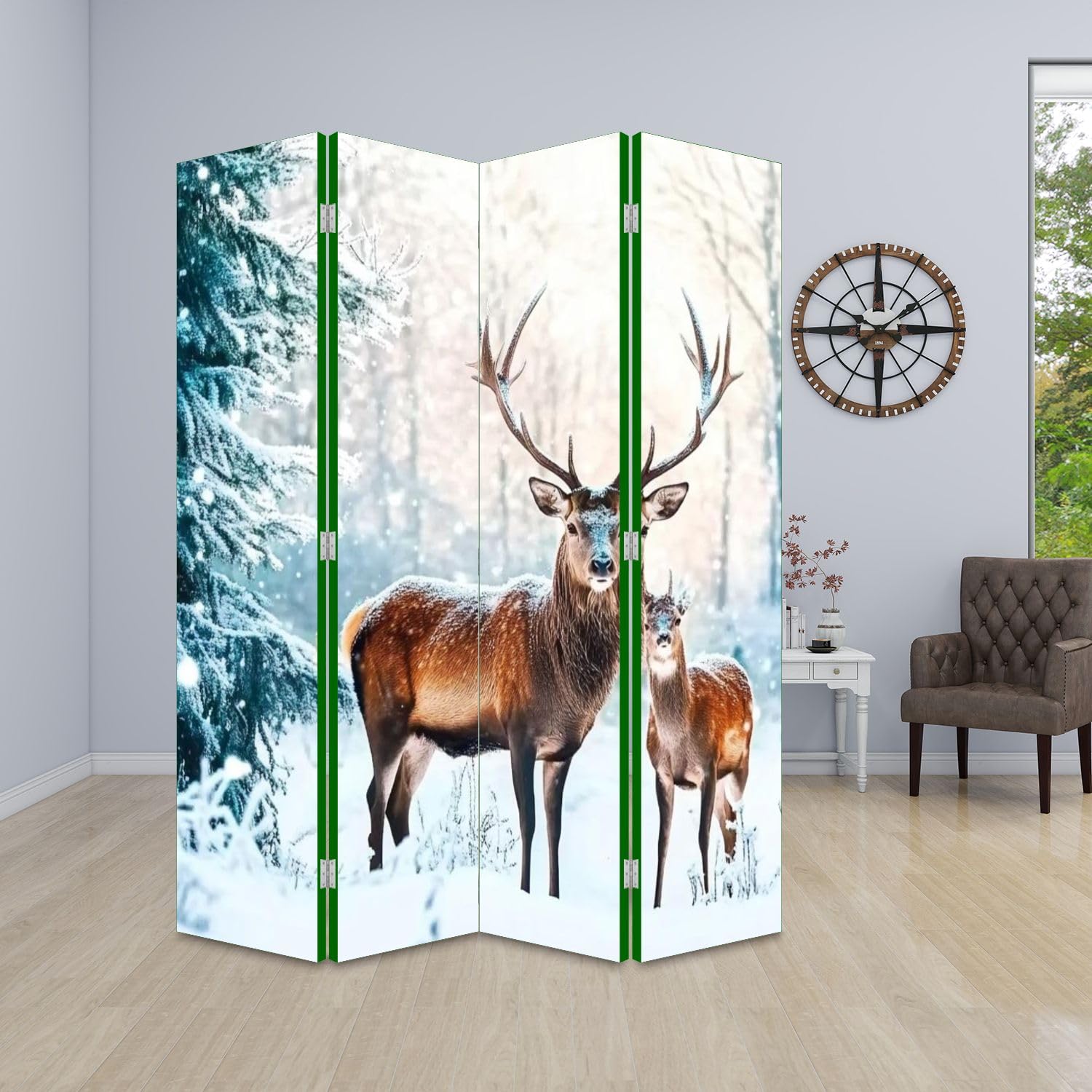 Wooden Room Divider with Deer & Snowy Winter Forest Design - 4-Panel Folding Privacy Screen for Home & Office - Christmas Decor, Dual-Sided Canvas Partition Wall for Indoor Spaces (Bedroom, Living Room, Studio)