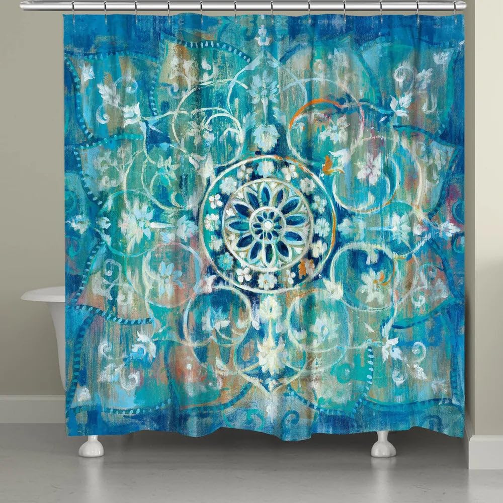 Laural Home Moody Blue Mandala Shower Curtain - Waterproof Bathroom Decor with Boho Design, 72x72 Inches - Perfect for Spa-Like Showers and Bohemian Bathroom Themes