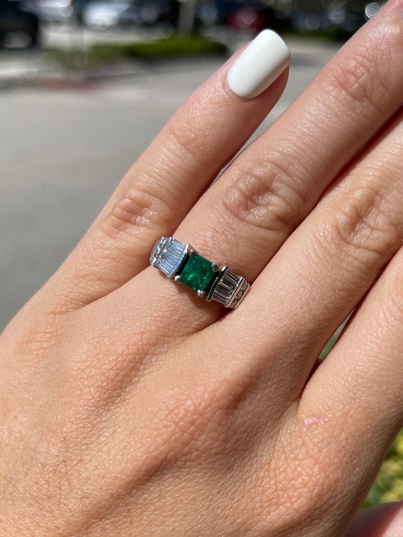 1.05tcw AAA Fine Quality Vivid Dark Green Emerald Asscher Cut Diamond Accent Platinum Ring - Elegant Wedding, Engagement & Anniversary Jewelry Gift