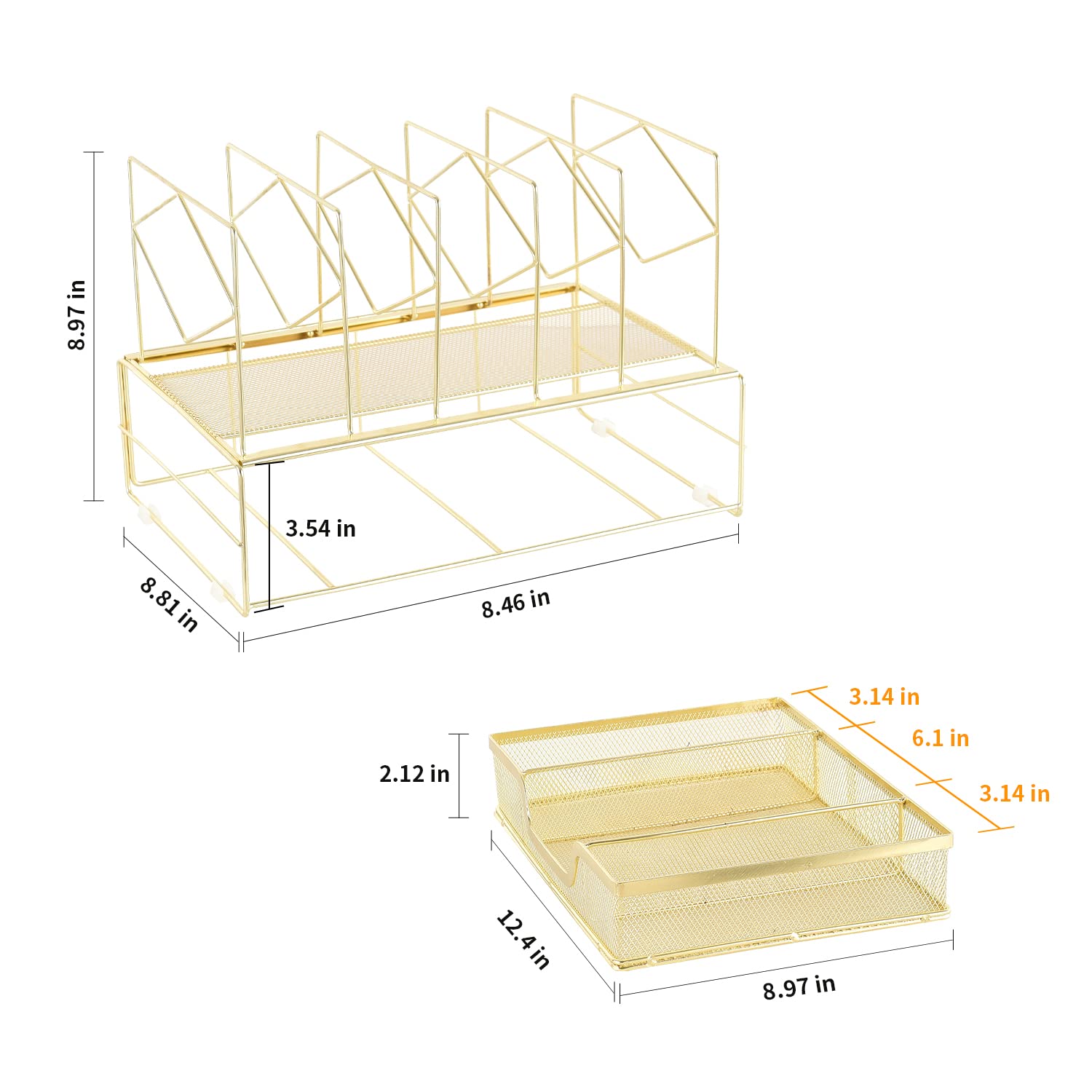 Premium Gold Desk Organizer with Sliding Drawer - 5-Section Upright File Sorter for Office Supplies | Perfect for Home Office, Workspace & School Organization