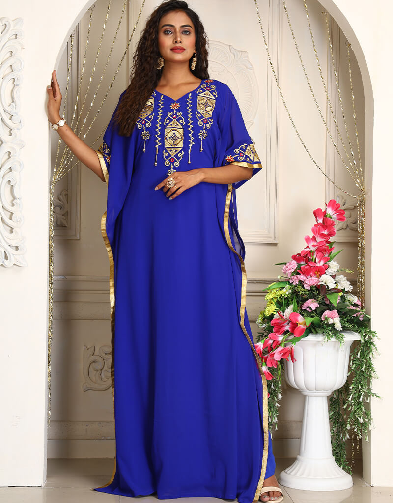 Exquisite Arabic Blue Georgette Farasha with Stone Embroidery - Perfect for Weddings, Parties & Special Occasions