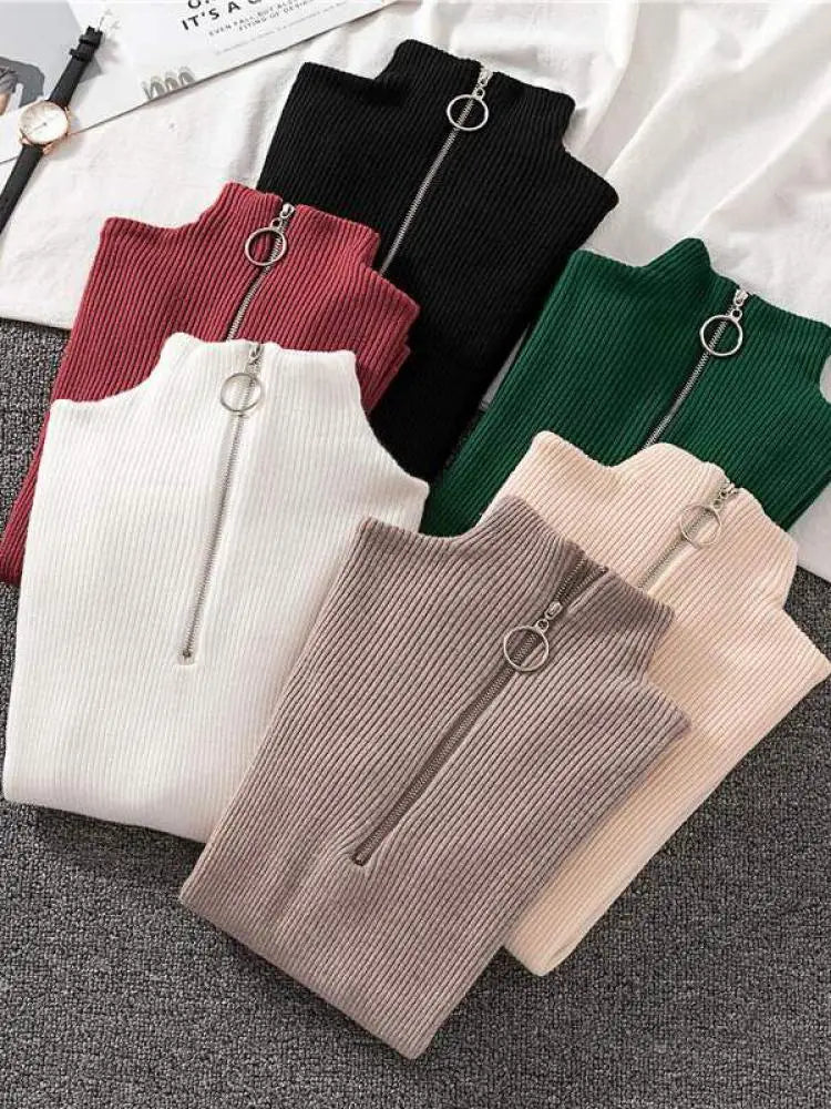 Vintage Solid Knitted Long Sleeve Zip-Up Half Turtleneck Sweater for Women - Cozy Winter Pullover for Casual Outfits & Office Wear