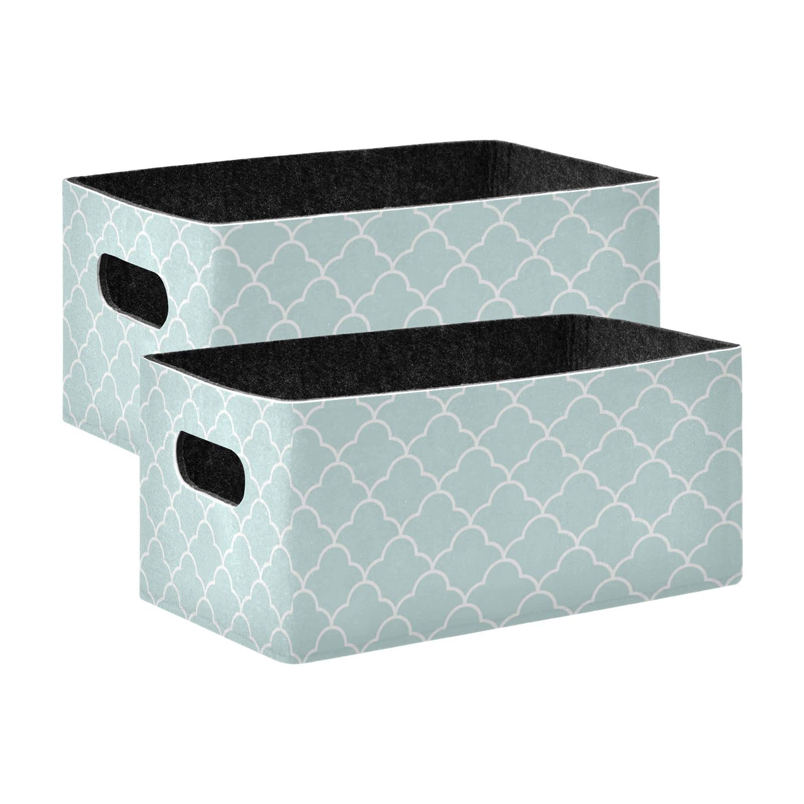 SHJI Teal Moroccan Quatrefoil Storage Basket - Set of 2 Collapsible Felt Organizer Bins for Closet, Nursery & Toy Storage | Foldable Hamper for Home Organization & Shelves Decor