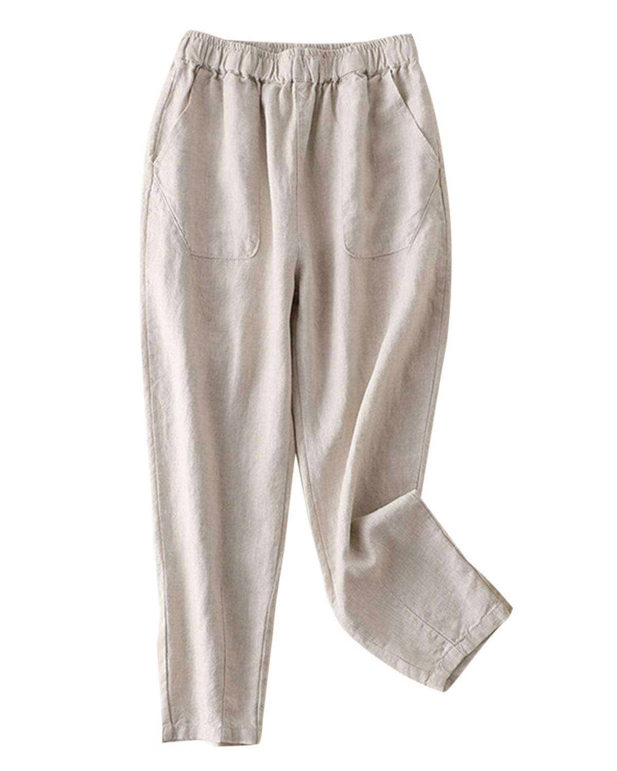 IXIMO Women's Tapered Linen Pants - 100% Natural Linen, Drawstring & Elastic Waist, Ankle Length Casual Pants for Work, Travel & Summer Outfits