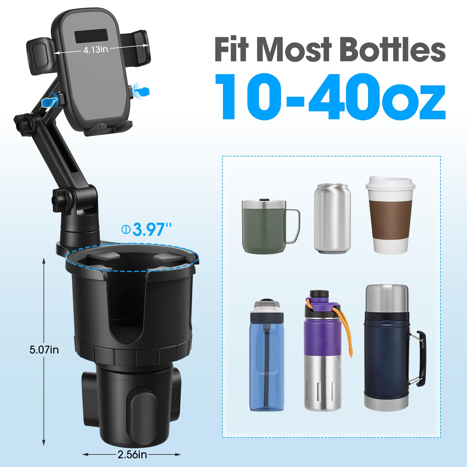 Best Car Cup Holder Phone Mount with Expandable Base - Universal 2-in-1 Phone Holder & Cup Expander Adapter for 10-40oz Bottles & Mugs - Fits All Smartphones - Perfect for Road Trips, Commuting & Hands-Free Driving