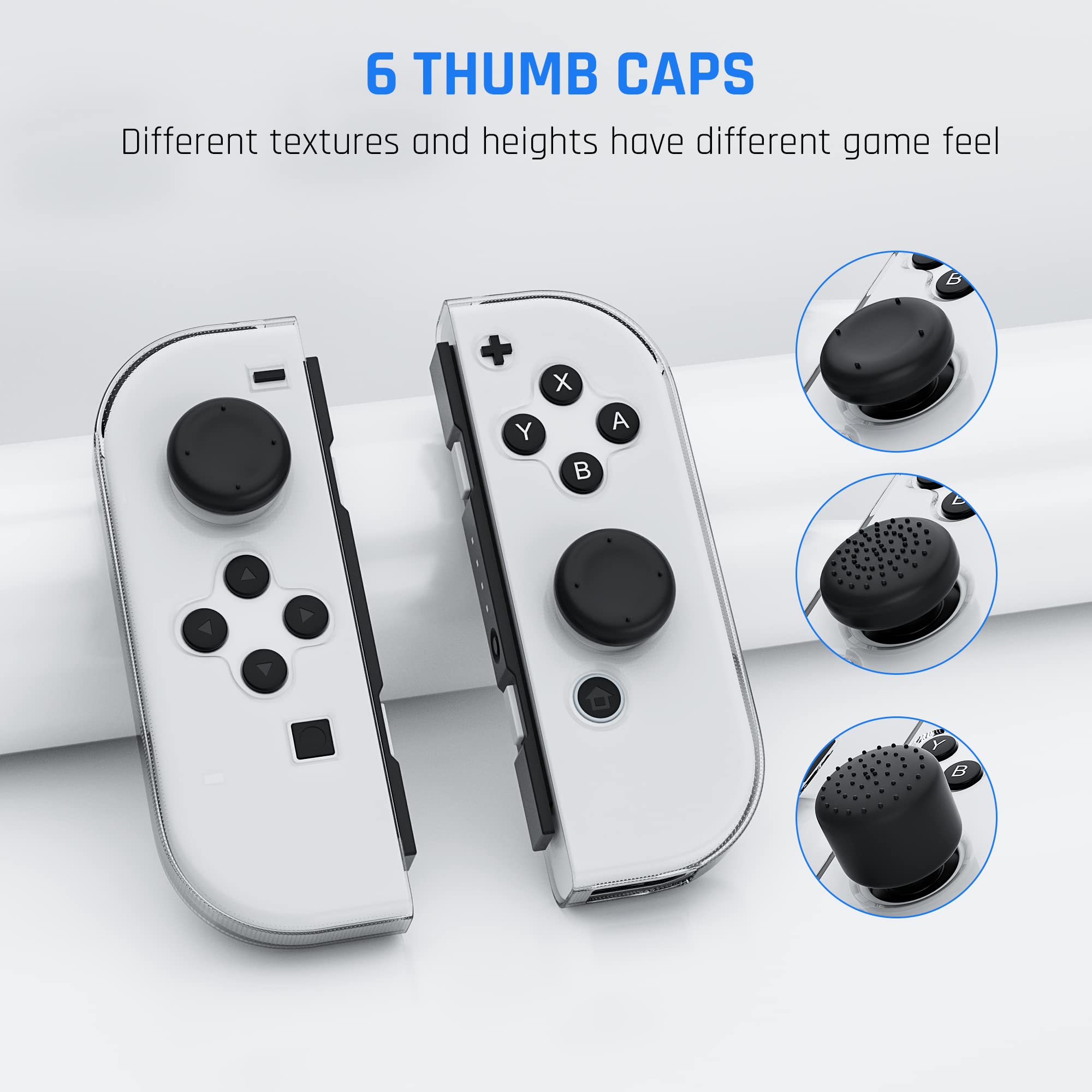 RHOTALL Soft TPU Clear Protective Case for Nintendo Switch/Switch OLED Joycon Controllers - Transparent Cover with 6 Thumb Grips Caps | Perfect for Gaming, Travel Protection & Enhanced Grip
