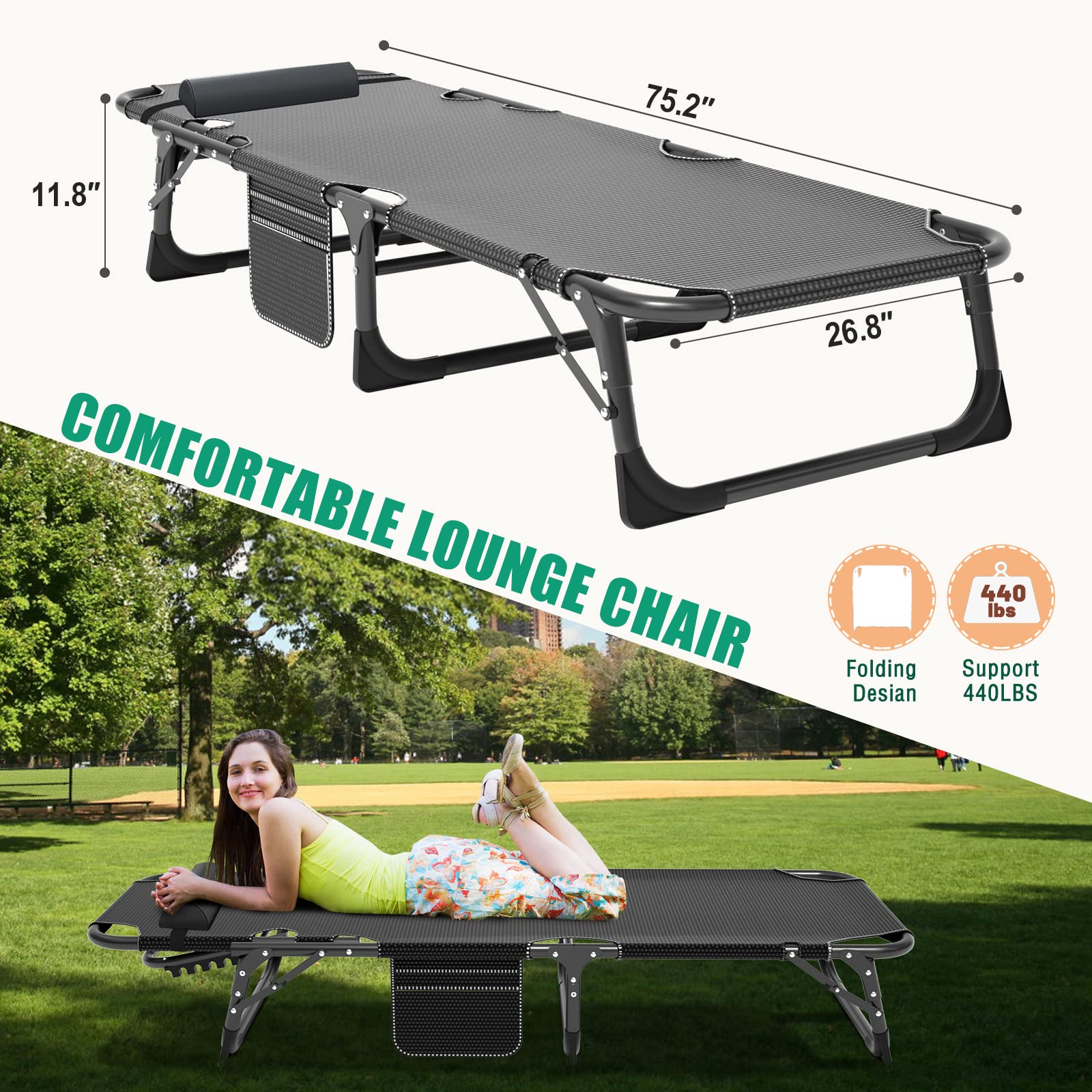 LILYPELLE 5-Position Adjustable Folding Lounge Chair with Mattress - Portable Outdoor Chaise Lounge for Sunbathing, Camping, Beach, Pool & Patio - Perfect for Relaxing, Travel & Backyard Lounging
