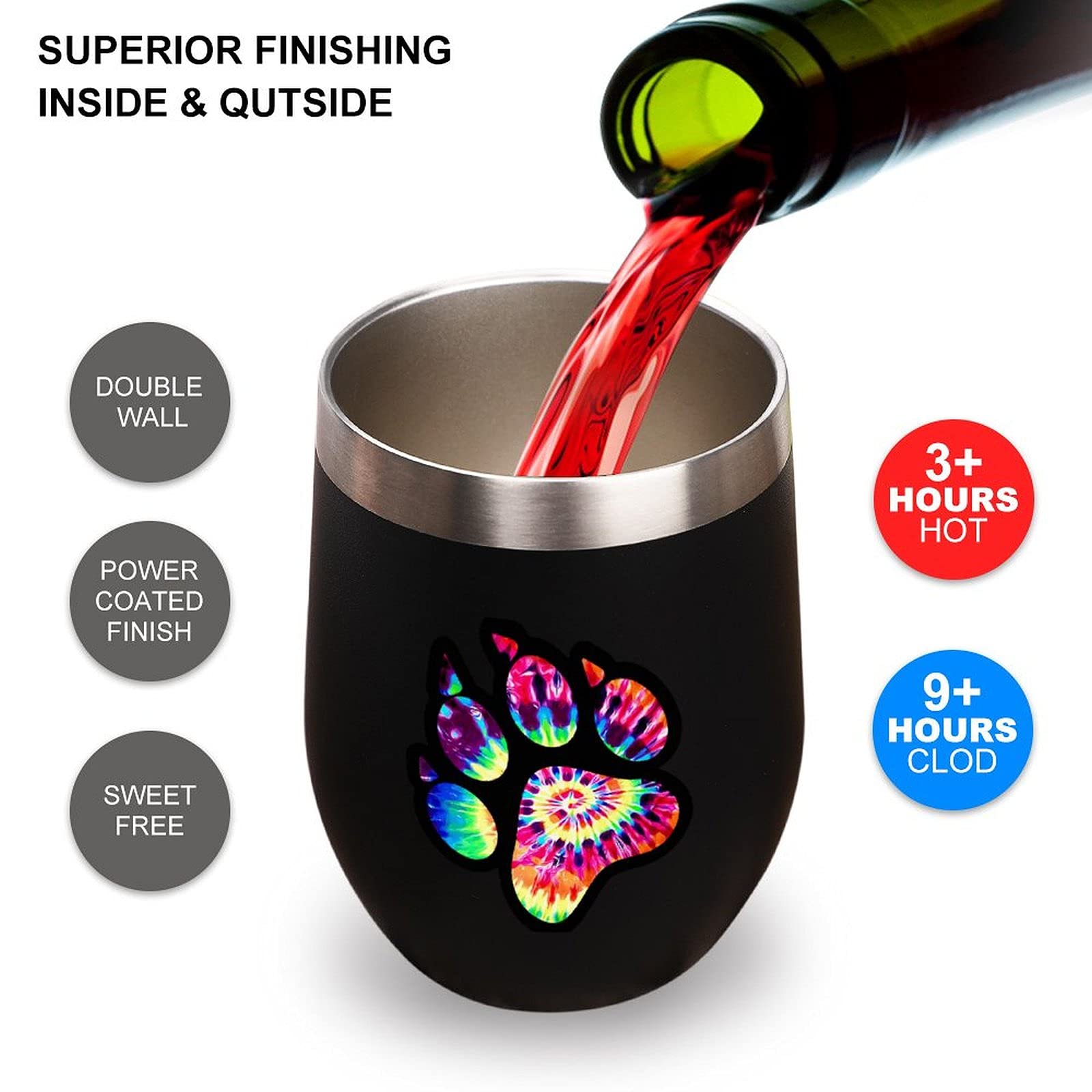 Stainless Steel Tie Dye Animal Paw Print Vacuum Insulated Tumbler with Lid - 20oz Stemless Wine Glass, Travel Mug & Coffee Cup for Camping, Office & Outdoor Activities