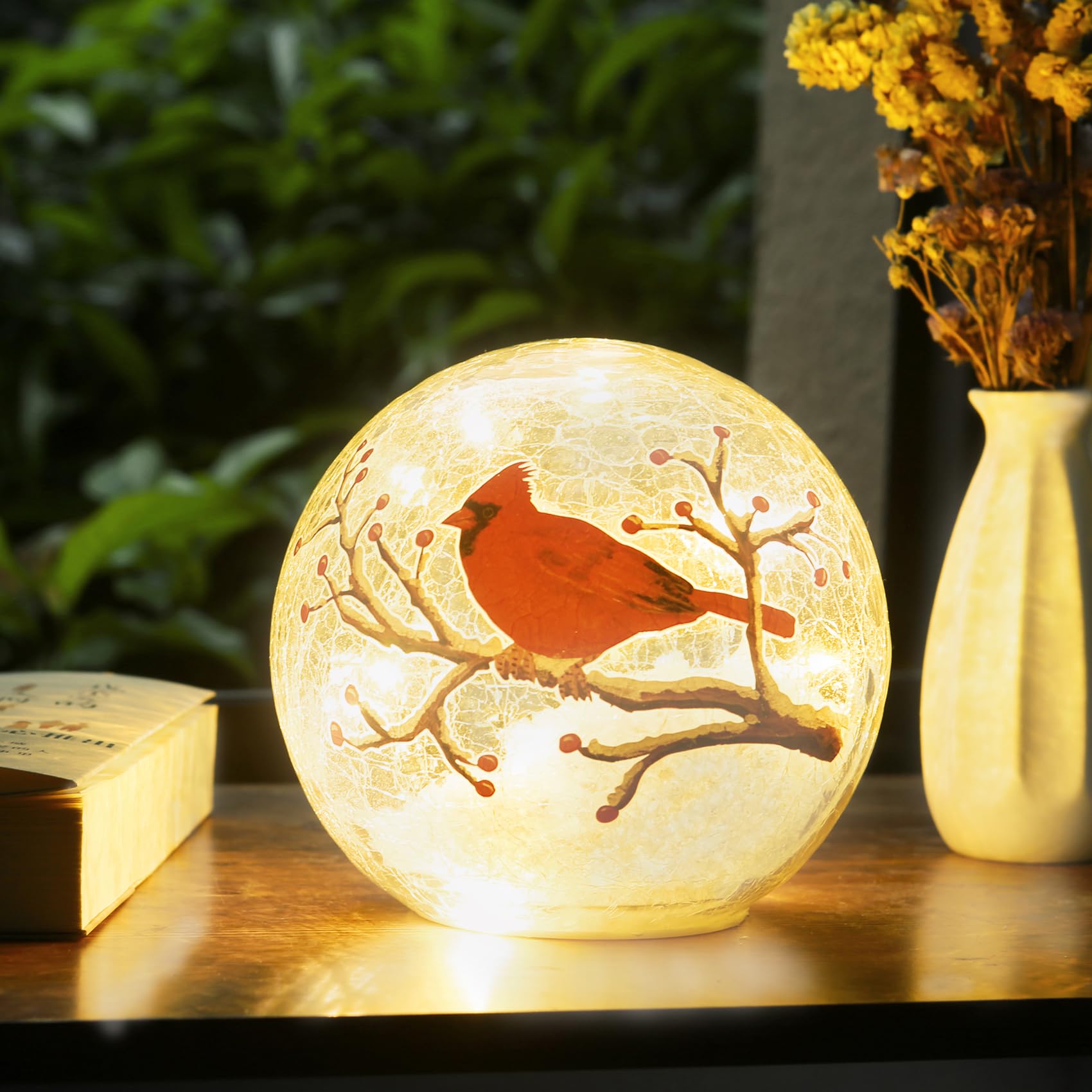 Red Cardinal Stained Glass Crackle Ball LED Desk Lamp - Large Christmas Decor Accent Light for Home, Office & Holiday Decorations | Perfect for Mantel, Table Centerpiece & Seasonal Display