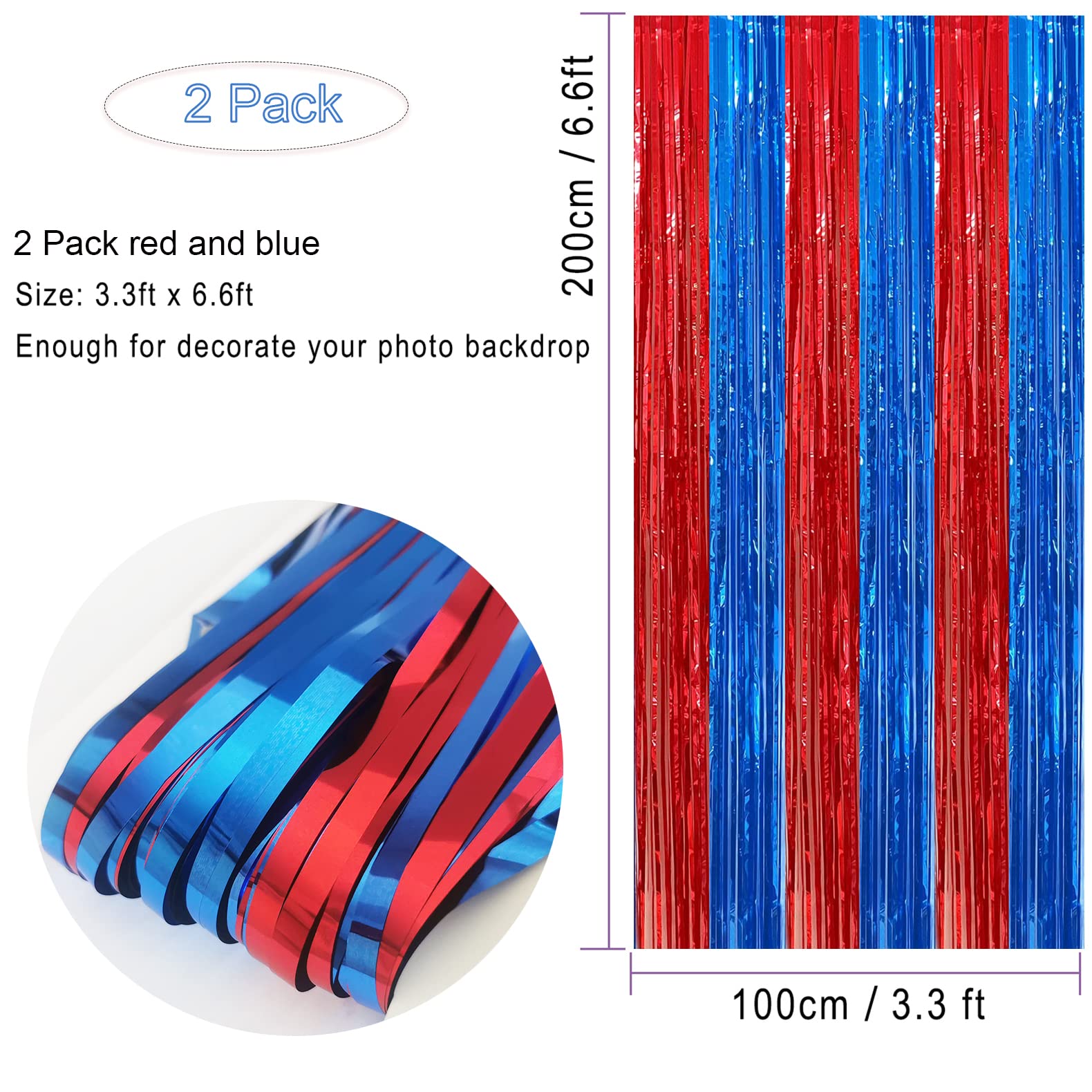 2 Pack Red & Blue Foil Fringe Curtains - 3.3x6.6 ft Photo Booth Backdrop, Tinsel Streamers for Birthday, Wedding, Baby Shower, Graduation, Bachelorette Party Decorations | Perfect for DIY Photo Backdrops, Event Decor & Themed Party Supplies