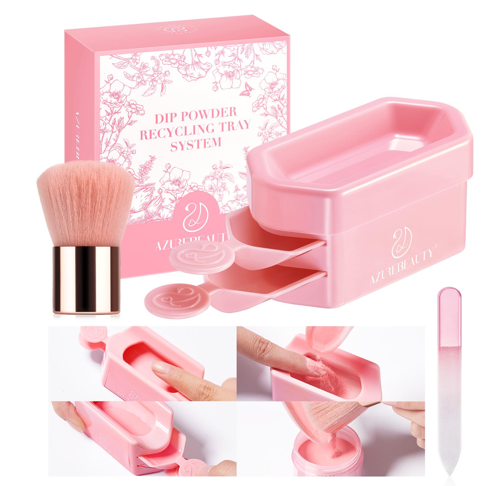AZUREBEAUTY Professional Triple Layer Nail Dip Powder Recycling Tray System with Nail Tools - Includes Nail Brush, Glass Nail File & Storage Container for French Manicure & Nail Art - Perfect for Salon & Home Nail Care