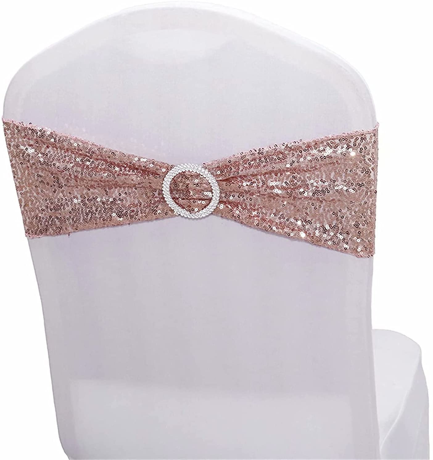 100pcs Rose Gold Sequin Chair Sashes - Stretch Spandex Chair Bands with Buckles for Wedding, Banquet, Birthday, Graduation Party, Anniversary & Prom Decorations - Elegant Chair Decor for Special Events & Celebrations