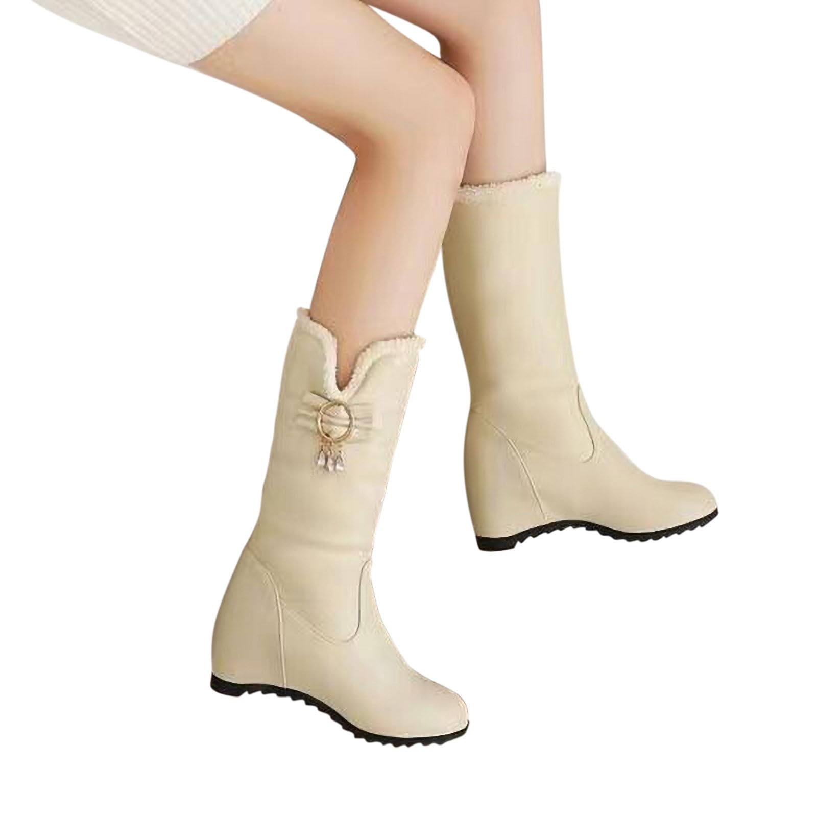 Oelaio Women's Fashionable Warm Thickened Snow Boots - Mid Length Upholstered Winter Boots in Beige Size 8.5 | Perfect for Snowy Days, Outdoor Activities & Cold Weather Fashion