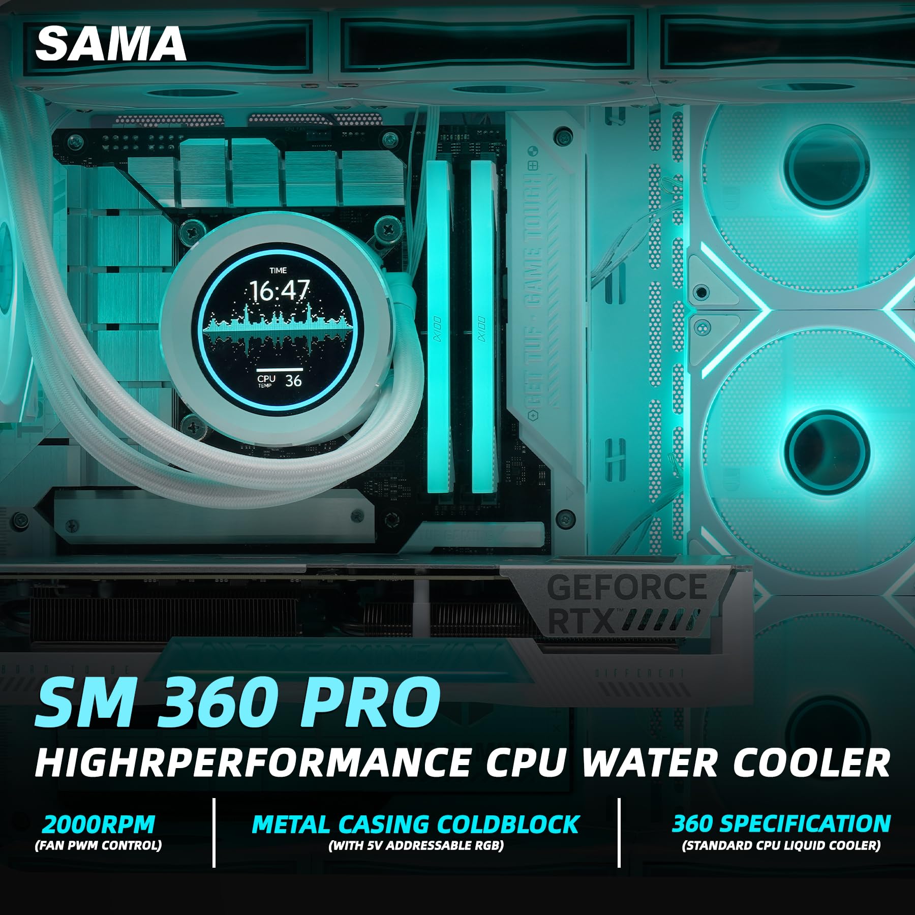 SAMA SM360 PRO Black 360mm ARGB AIO Liquid CPU Cooler with 2.8-inch LCD Temperature Display & PWM Silent Fans - High Performance Cooling for Gaming PC, Workstation, and Overclocking Systems