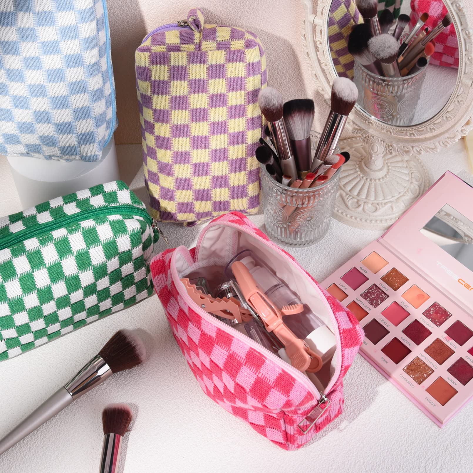 6-Piece Checkered Makeup Bag Set - Pink & Black Preppy Cosmetic Pouches for Women | Travel Toiletry Organizer, DIY Brush Storage | Perfect for School, Gym & Vacation Essentials