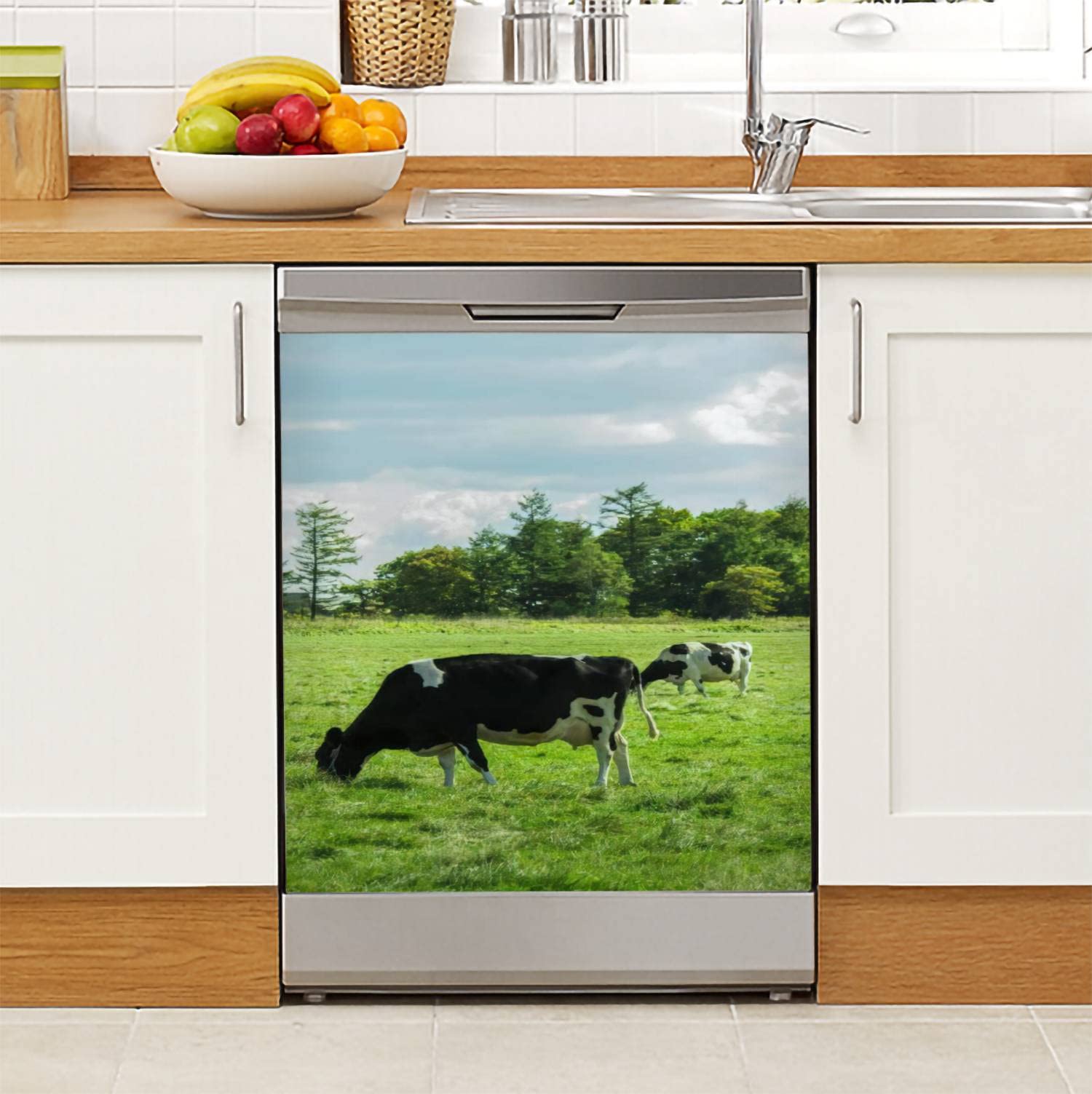 Sunny Pastures Cow Dishwasher Magnet Cover - 23x26in Magnetic Refrigerator Sticker for Kitchen, Garage & Office - Decorative Appliance Cover with Grass-Eating Cows Design - Fridge Panels & Metal Door Decor