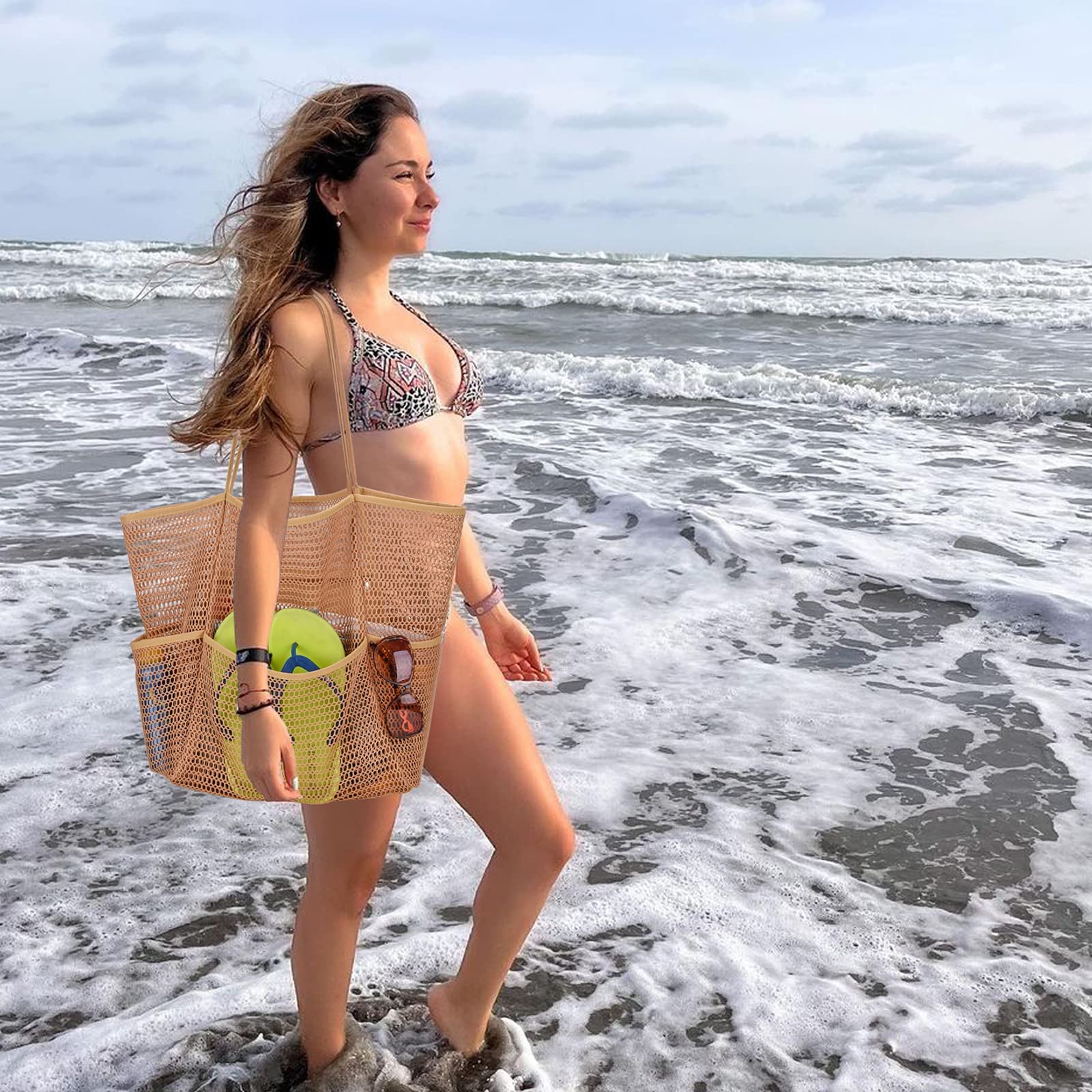 **Large Mesh Beach Tote Bag for Women - Waterproof Pool Bag with Multiple Pockets - Perfect for Family Travel, Swimming & Beach Outings**