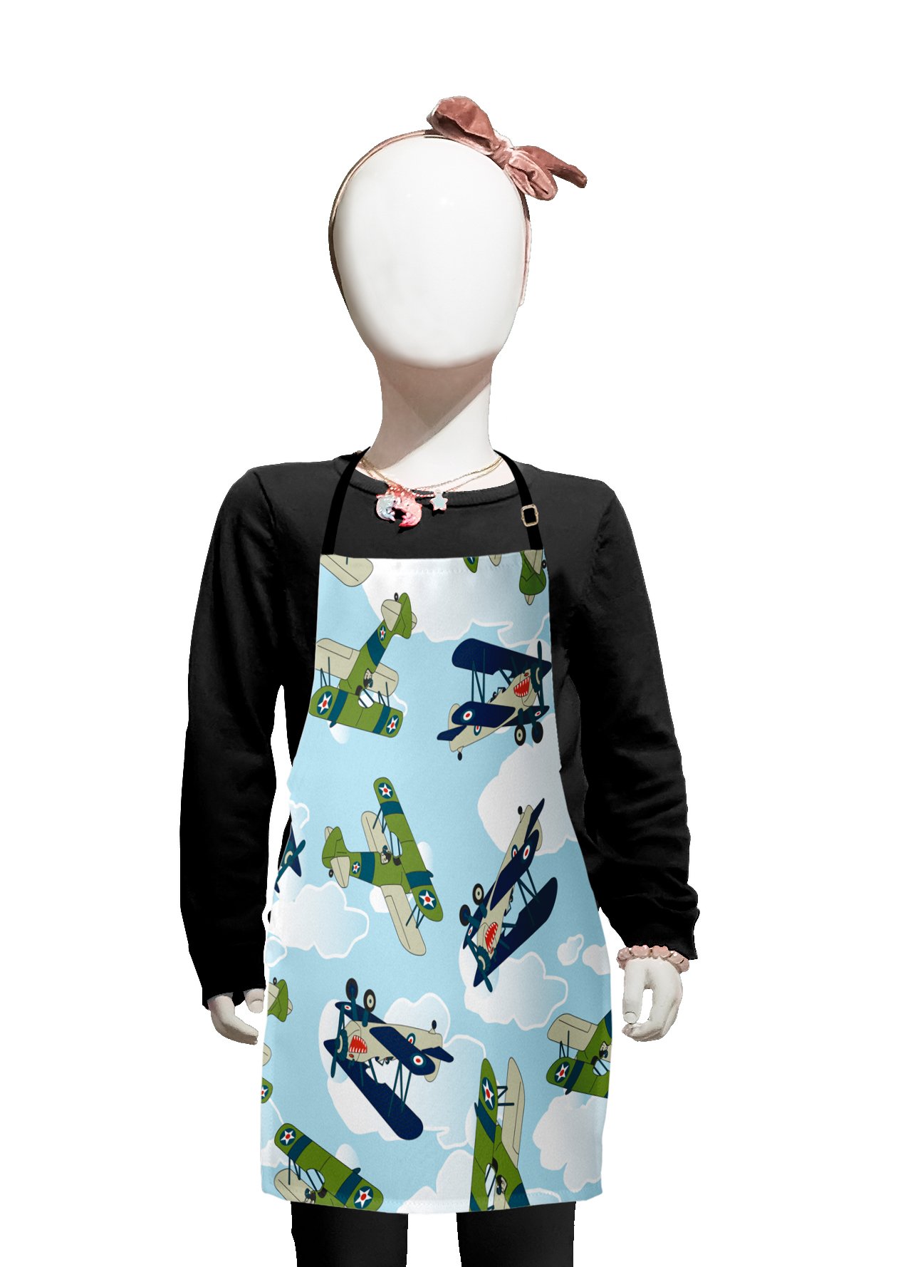 Vintage Allied Plane Flying Pattern Cartoon Shark Teeth Adjustable Apron - Small Baking & Painting Bib with Ties - Blue, White, Olive Green - Perfect for Cooking, Grilling, Art Classes & DIY Projects
