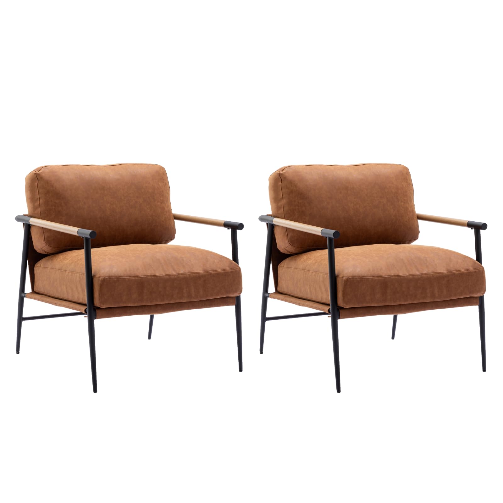 HEAH-YO Set of 2 Modern Accent Chairs - PU Faux Leather Living Room Chairs with Backrest & Metal Legs, Comfortable Reading Side Chairs for Bedroom, Office or Lounge (Brown) - Perfect for Small Spaces, Home Decor & Guest Seating