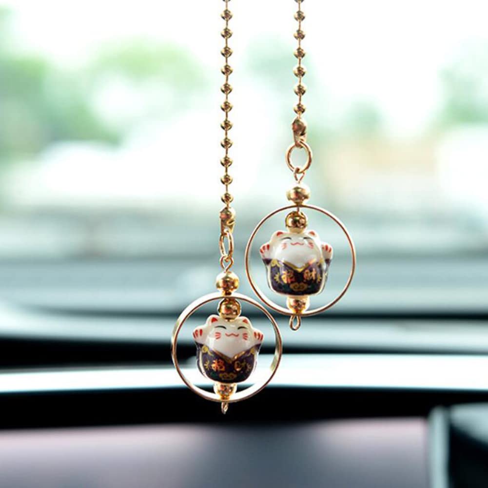 ZCargel Lucky Cat Car Pendant - Cute Porcelain View Mirror Charm for Car Interior Decoration | Feng Shui Driving Hanging Ornament for Good Luck & Safe Travels