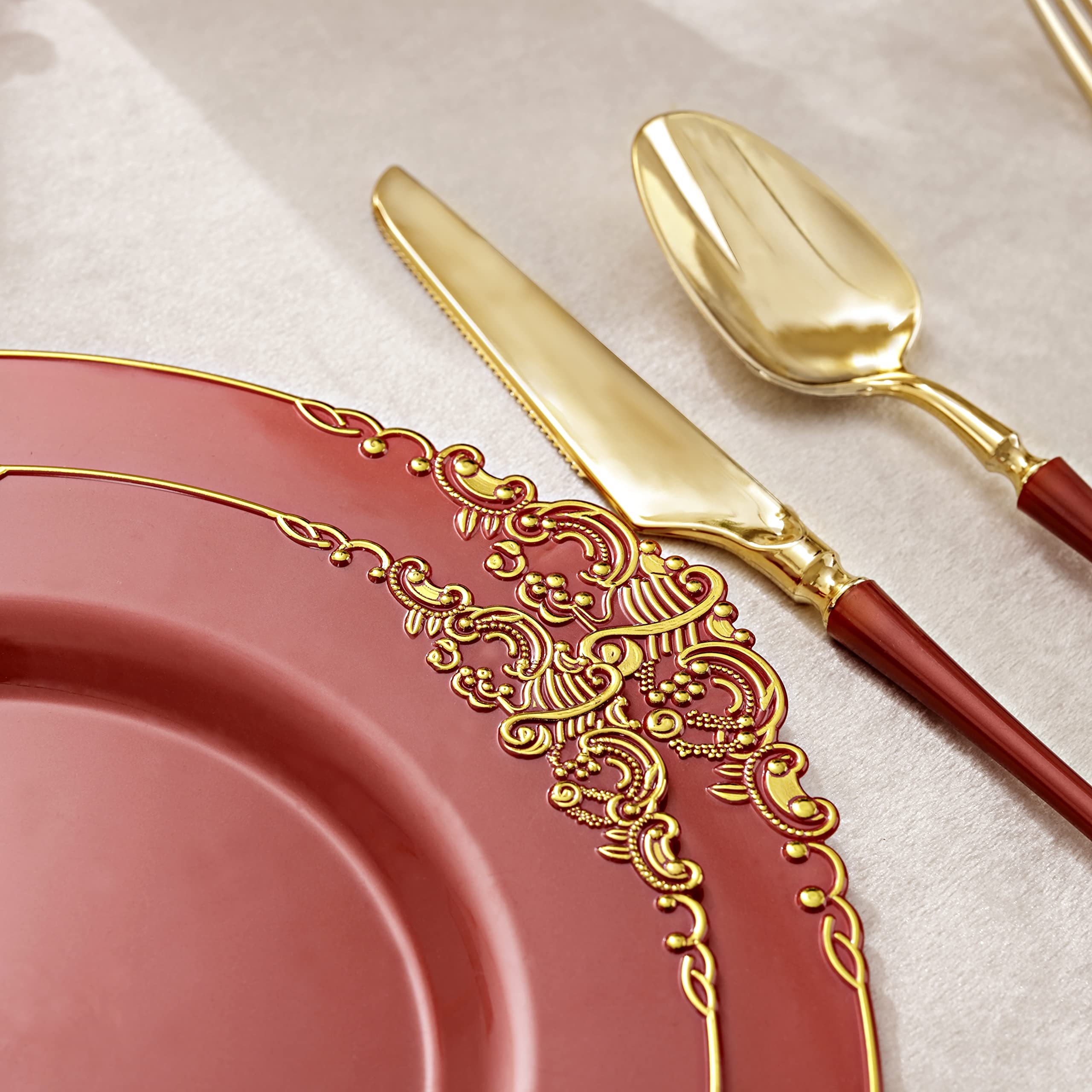 Liacere 50-Pack Disposable Red Plastic Plates Set - 25PCS 7.5 Inch Dessert Plates & 25PCS 10.25 Inch Dinner Plates with Gold Trim for Christmas Party, Wedding Reception, New Year Celebration, Birthday, BBQ, Picnic and Holiday Gatherings