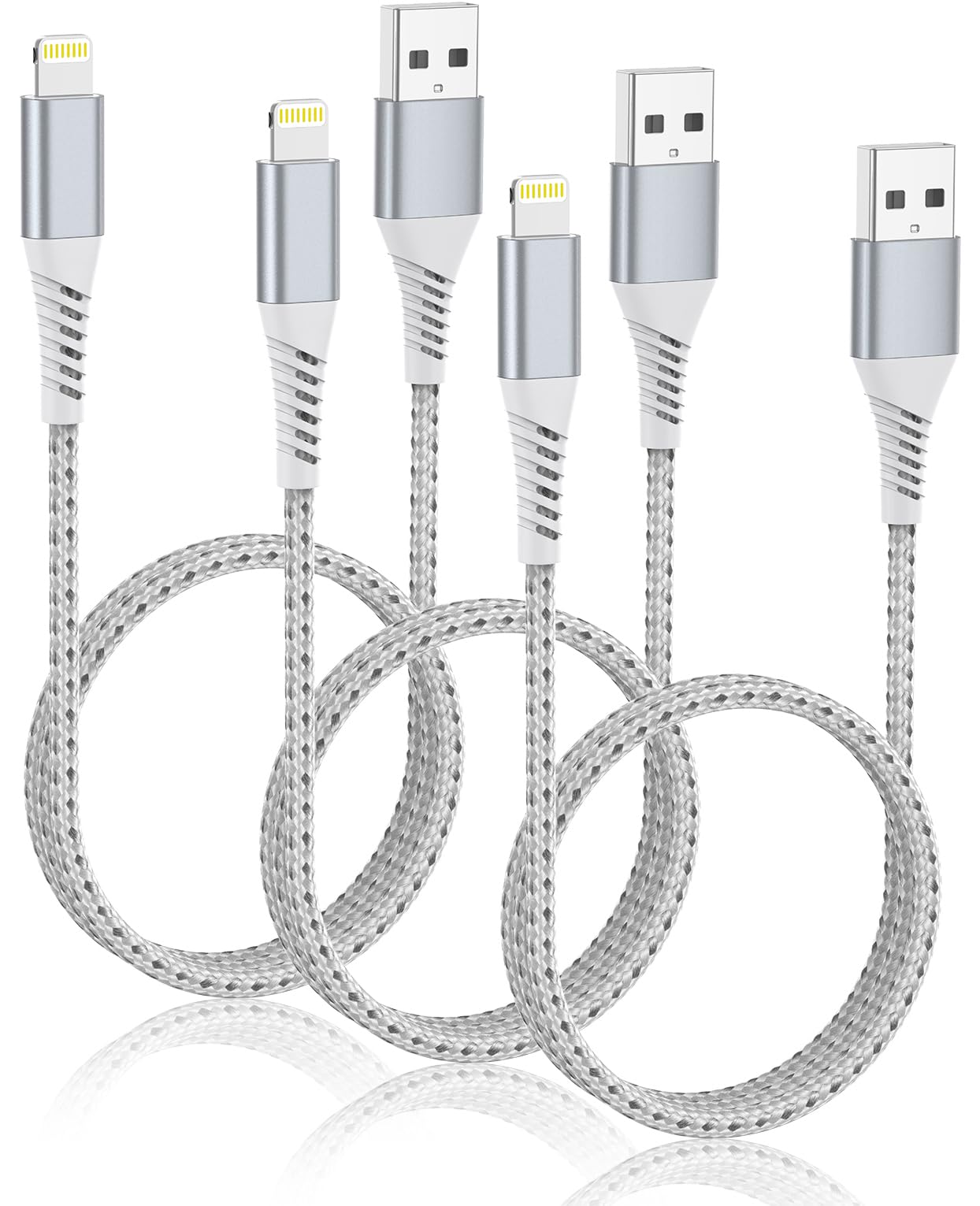 Premium 2FT Braided iPhone Charger Cable 3-Pack - USB A to Lightning Fast Charging Cord for iPhone 14/13/12/11 Pro Max, iPad & AirPods - Durable Silver Cables for Car, Home & Office Use