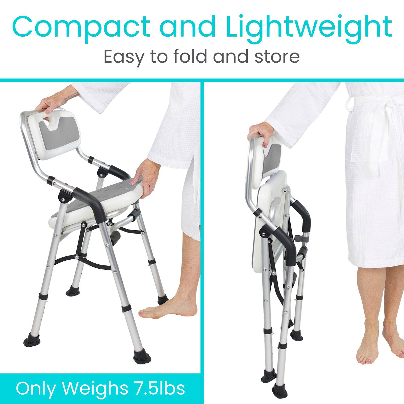 Foldable Shower Chair for Elderly & Disabled - Non-Slip Bath Seat with Adjustable Height & Backrest - Ideal for Seniors, Handicap & Post-Surgery Bathroom Safety (White)