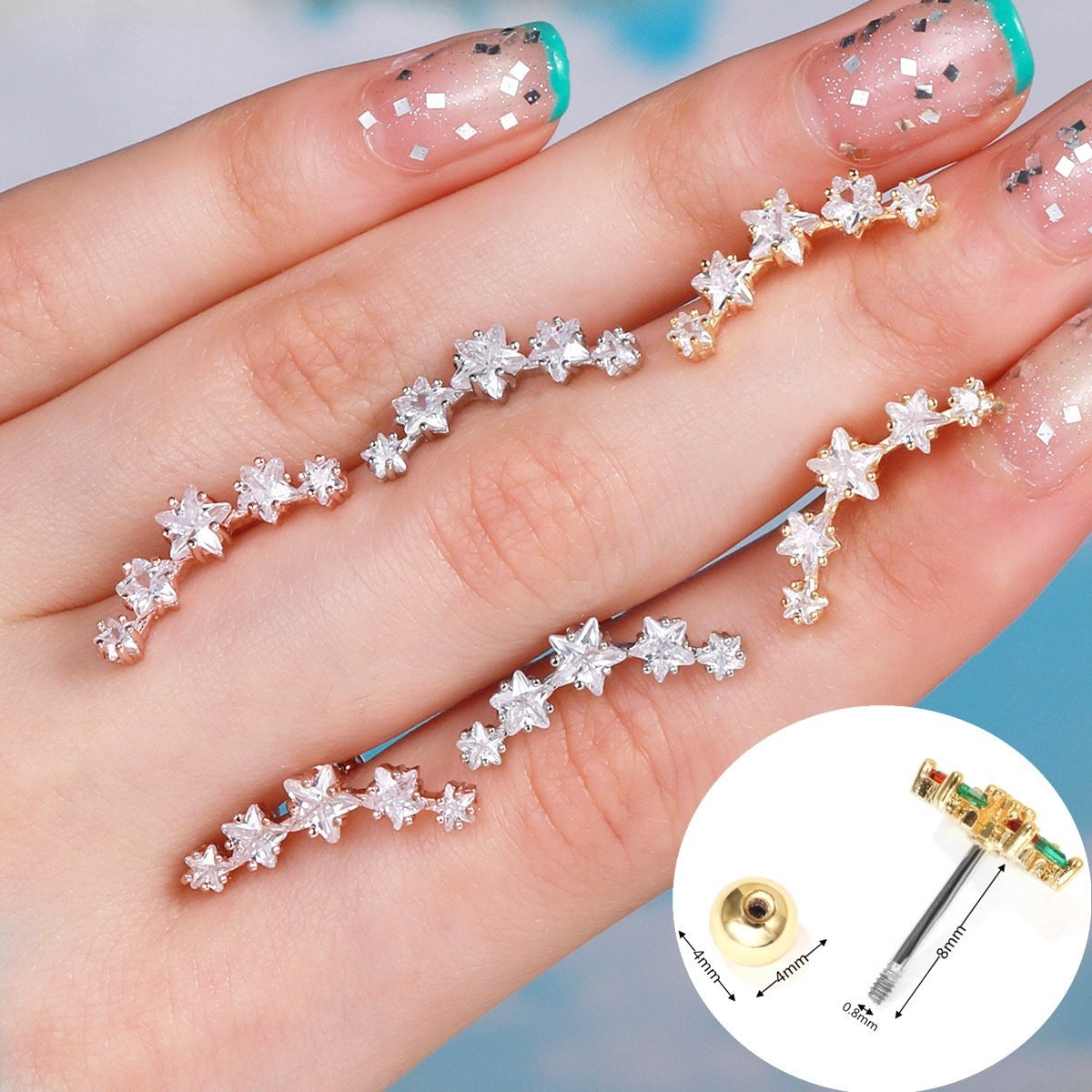 20G Star in a Row Cartilage Ear Crawler Earrings for Women - Trendy Body Jewelry for Helix, Tragus & Conch Piercings - Perfect for Parties, Dates & Everyday Wear (EGD0498)