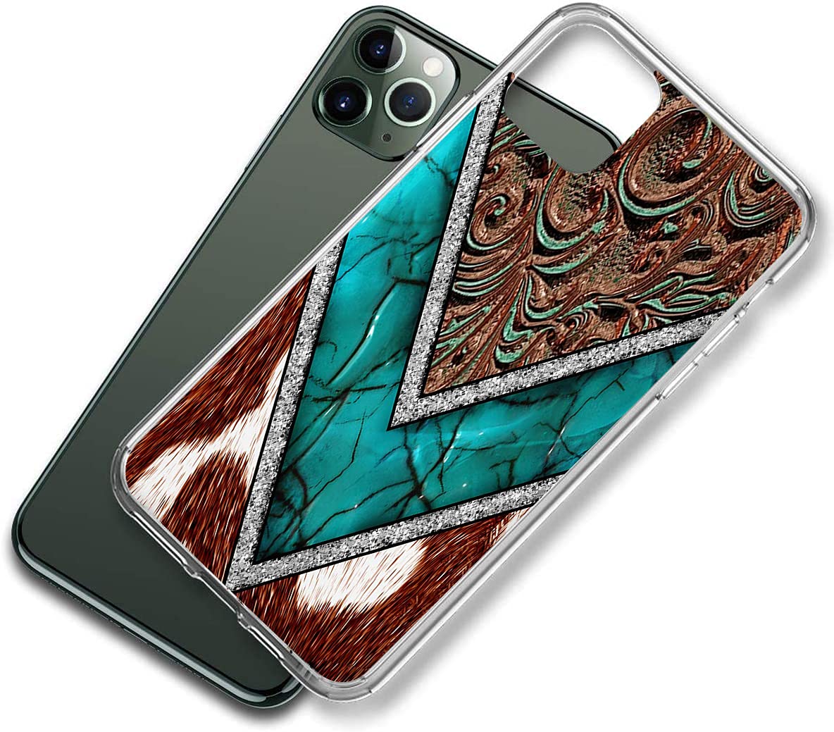 iPhone 12/12 Pro Clear Case - Slim Soft TPU Western Cowhide Turquoise & Brown Animal Print Shockproof Protective Cover | Perfect for Everyday Use, Travel & Outdoor Activities