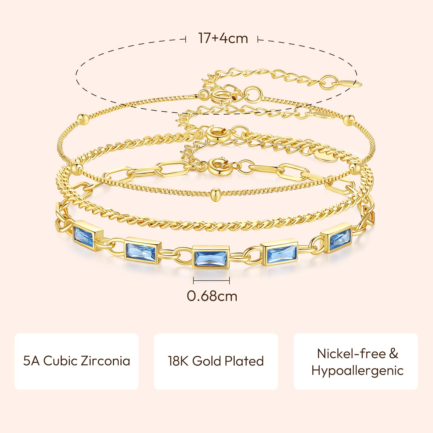 18K Gold Plated Birthstone Bracelet for Women - Dainty Layered Jewelry Set, Stackable Paperclip Chain Bracelets - Perfect Valentine's Day Gift for Her | Ideal for Everyday Wear, Special Occasions & Gift Giving