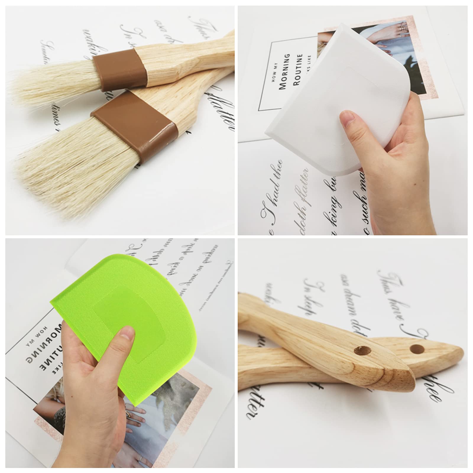 Set of 4 Pastry Brushes with Boar Bristles & Wooden Dough Scraper - Premium Basting Oil Brush for Baking, Cooking, BBQ with Hanging Hole - Perfect for Bread Dough, Cake Decorating, and Kitchen Essentials