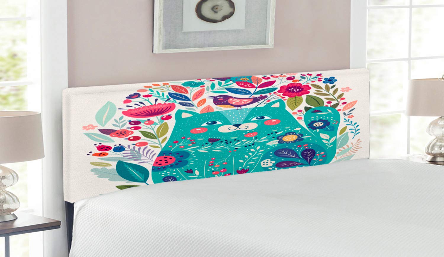 Ambesonne Cat Headboard - Queen Size Upholstered Metal Bed Frame with Memory Foam, Folk Art Design Featuring Kitty, Birds, Flowers & Ladybugs in Multicolor Seafoam - Perfect for Bedroom Decor, Guest Rooms & Cozy Pet-Friendly Spaces