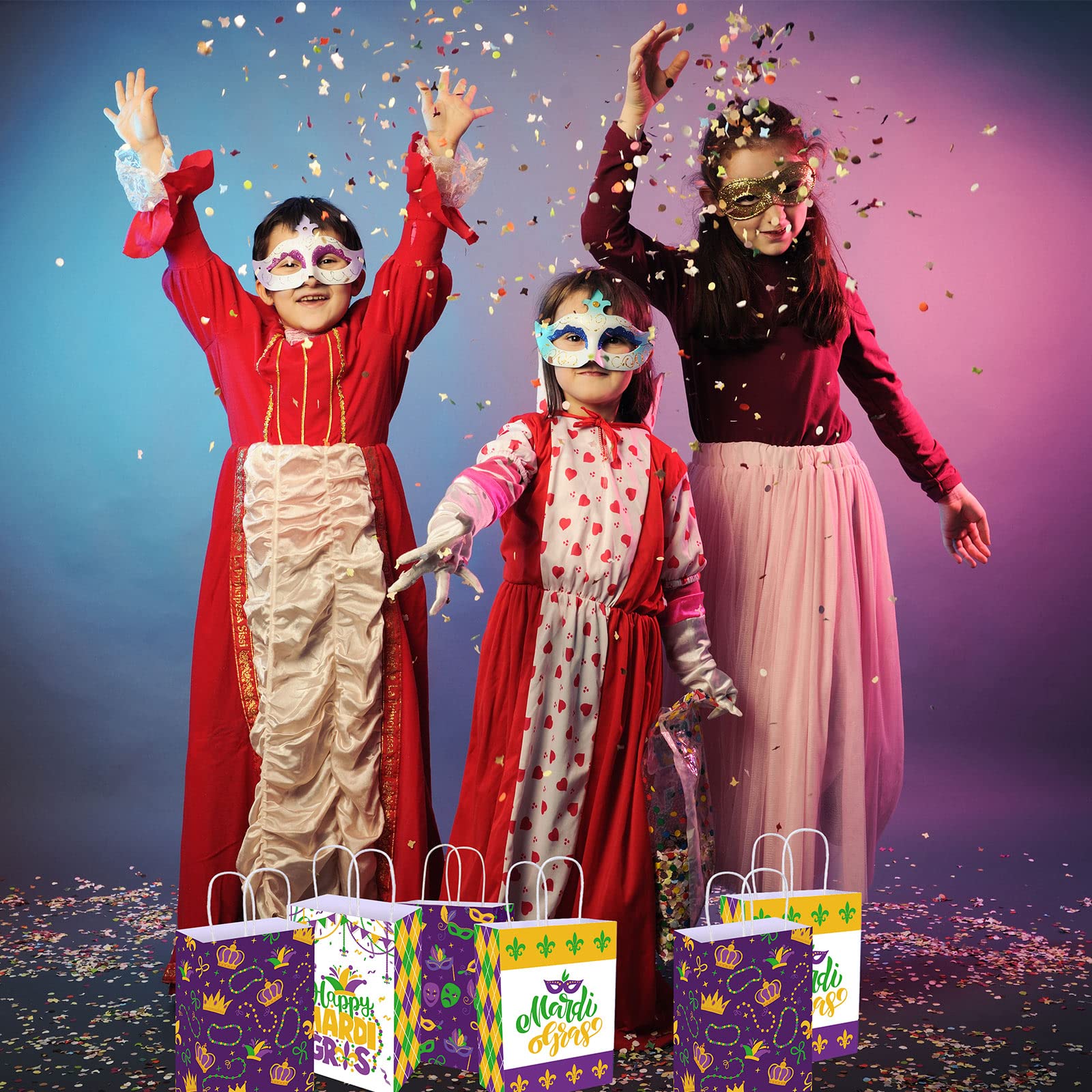 Whaline 20 Pack Mardi Gras Party Favor Bags with Handles - Assorted 4 Designs Including Crown, Mask & Gold Coins - Perfect for Gift Wrapping, Birthday Parties, Carnival Celebrations & Festive Events
