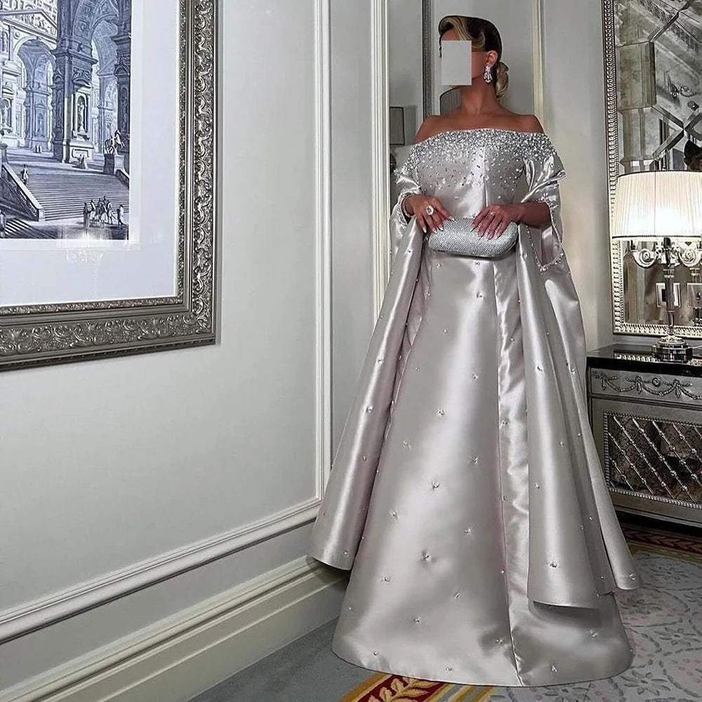 Luxury Dubai Off Shoulder A-Line Gray Satin Evening Gown with Pearl Beading - Elegant Formal Dress for Prom, Wedding & Gala Events LA72779