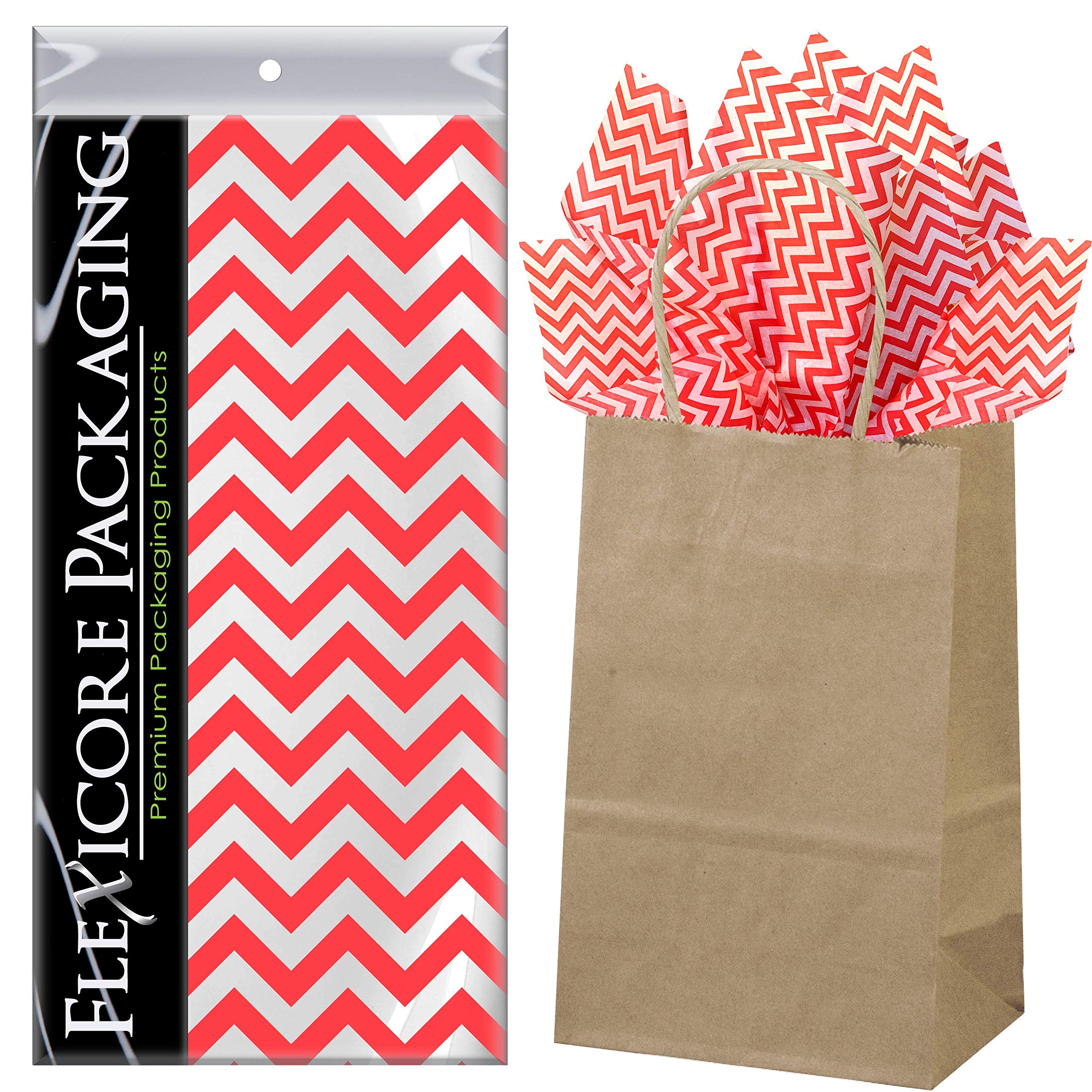 Eco-Friendly Kraft Paper Gift Bags with Red Chevron Design & Tissue Wrap - 5.25