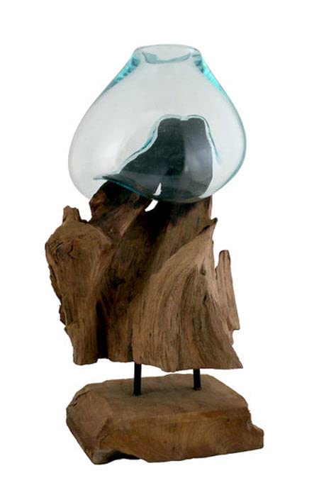 OMA Hand Blown Molten Glass & Teak Wood Vase Sculpture - Modern Terrarium Plant Stand with Recycled Glass & Solid Wood - Large Home Decor for Living Room, Office & Wedding Centerpiece