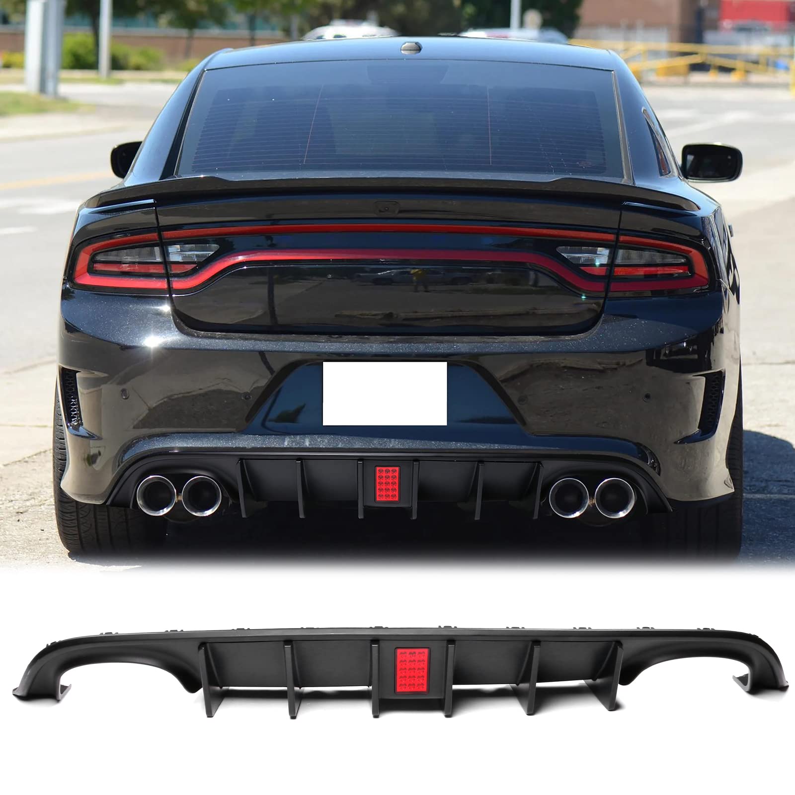 FREEMOTOR802 Rear Diffuser with LED Light for 2015-2023 Dodge Charger | IKON V4 Style Matte Black Quad Exhaust Tips | Bumper Lip & Shark Fins | PP Material | Upgrade Your Charger's Rear Styling for Street & Show Car Looks