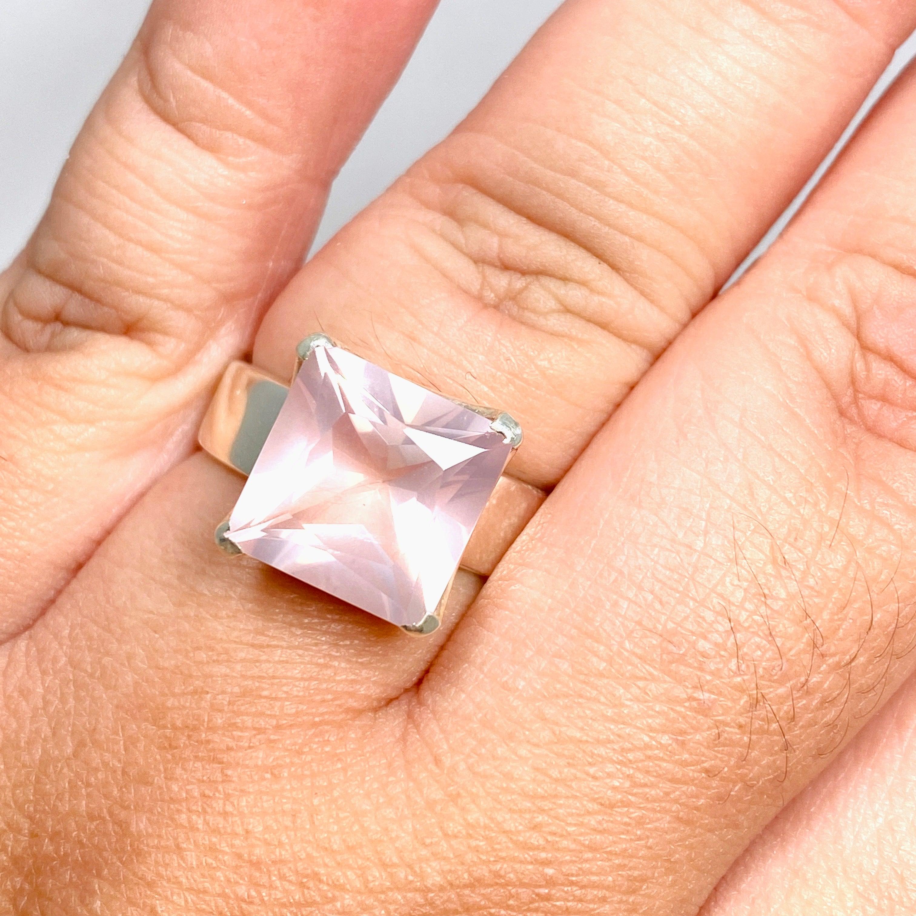 Rose Quartz Faceted Square Ring Size 11.5 PRGJ427 - Elegant Healing Crystal Jewelry for Women, Perfect for Meditation, Yoga & Spiritual Gifts