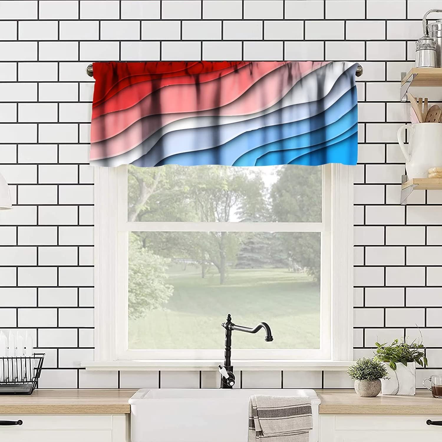 Modern Abstract Geometric Window Valance - Red & Blue Rod Pocket Curtain Panel (54