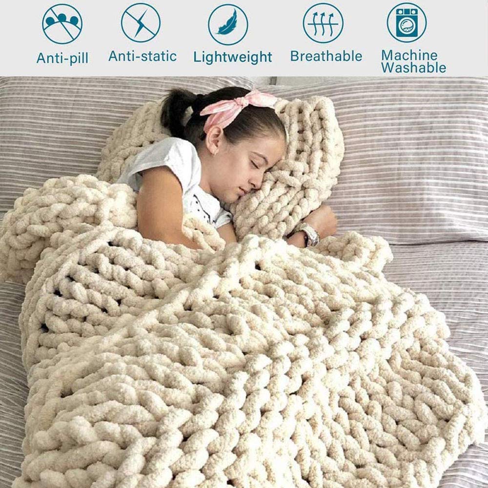 Chunky Knit Blanket - Soft Chenille Yarn Throw | Handwoven Weighted Cable Knit Blanket (47x71 inches) | Luxury Oversized Braided Blanket for Couch, Bed & Winter Warmth